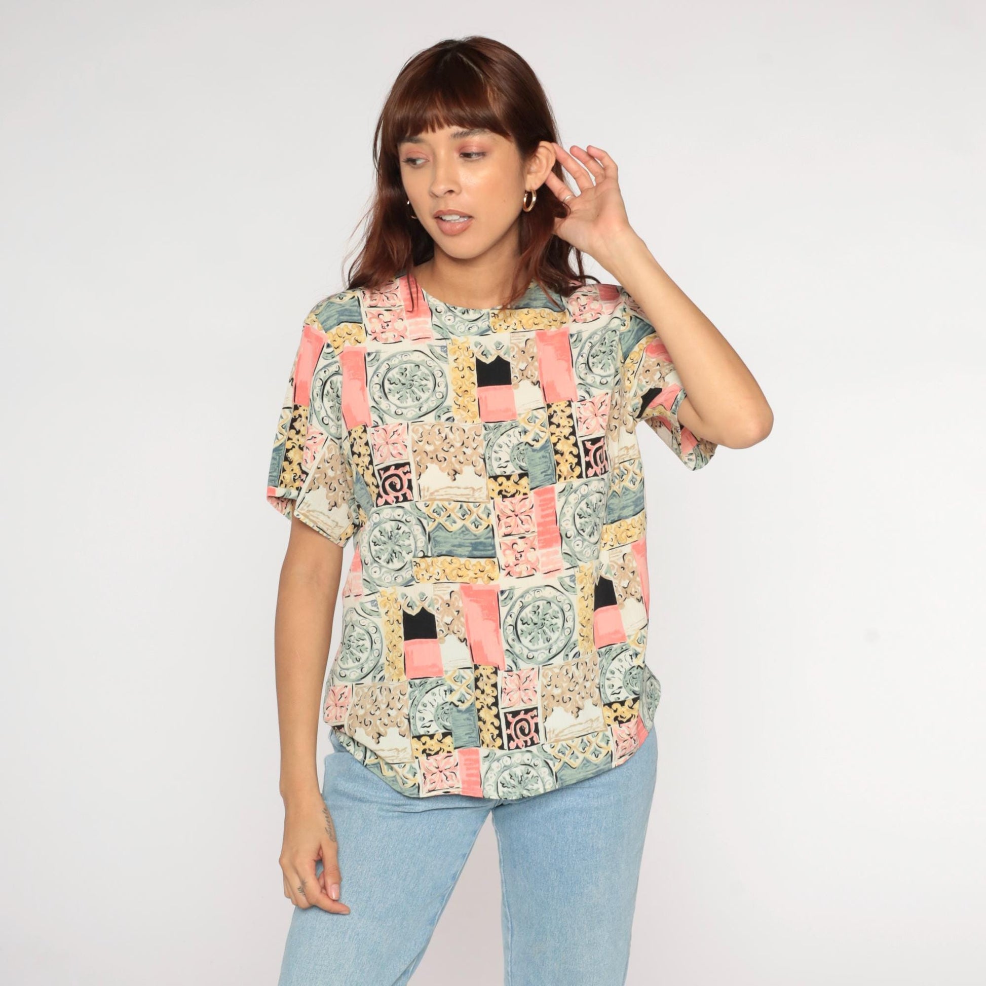 90s Patchwork Tile Print Blouse Pastel Geometric Short-Sleeve Large L