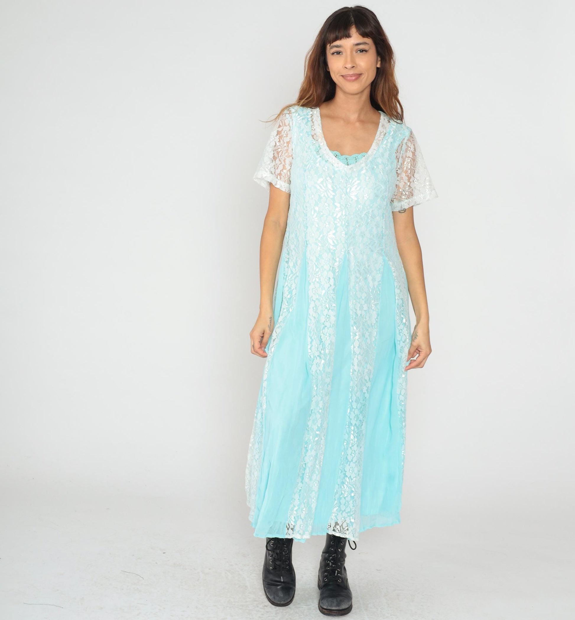 90s Vicki Wayne Aqua Lace Maxi Dress White Crochet Trim V-Neck Large L