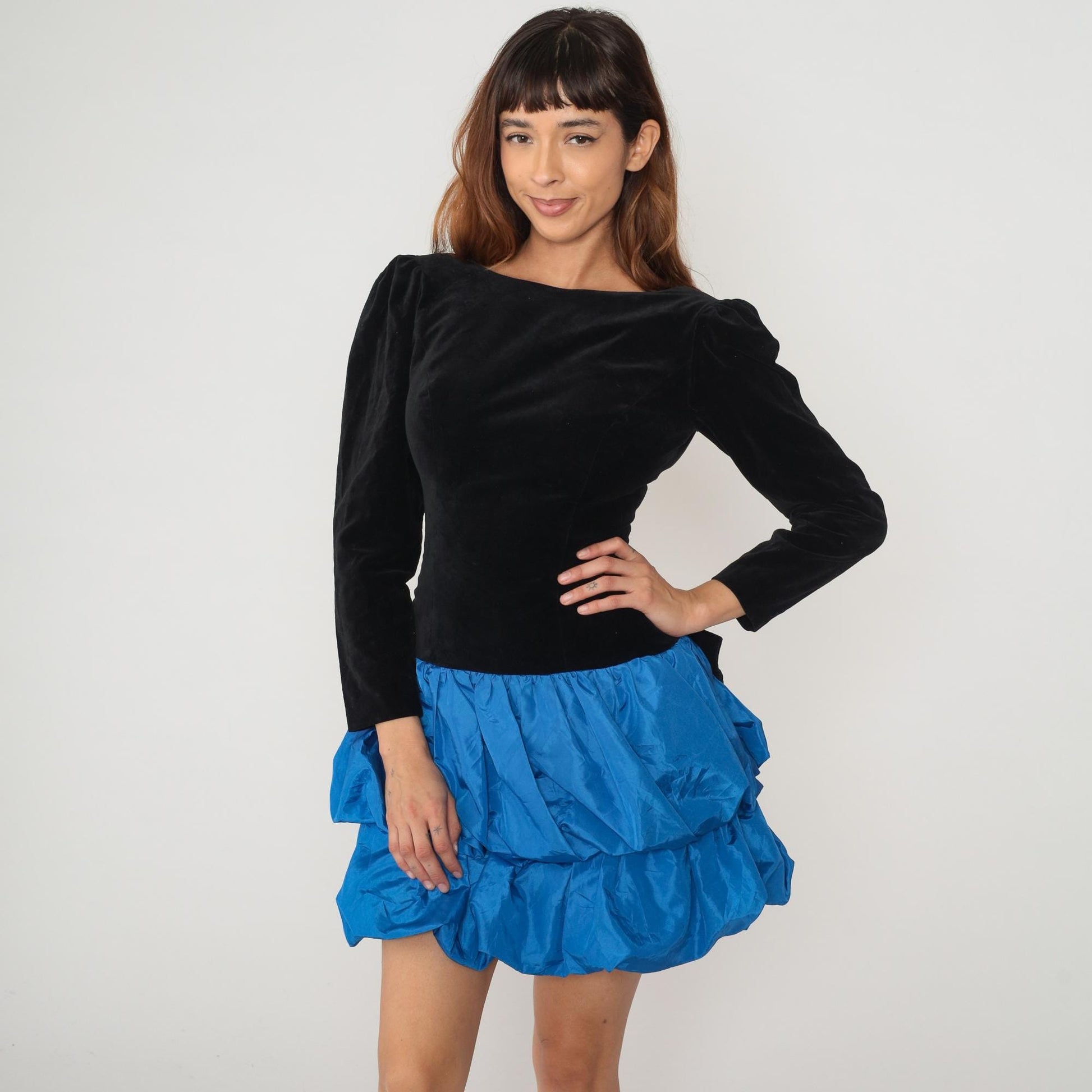 80s Black Velvet Blue Ruffle Puff Sleeve Backless Dress Small