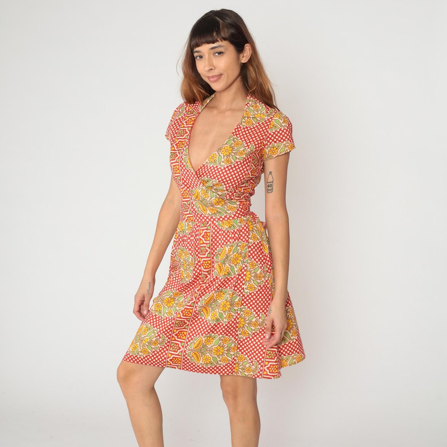 90s Wrap Dress Coral Red Polka Dot Floral Print Cotton V-Neck Medium M