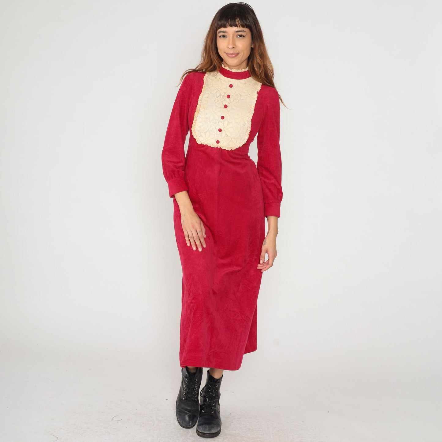 70s Burgundy Velvet Maxi Dress Lace Bib Mock Neck Button Front Extra Small