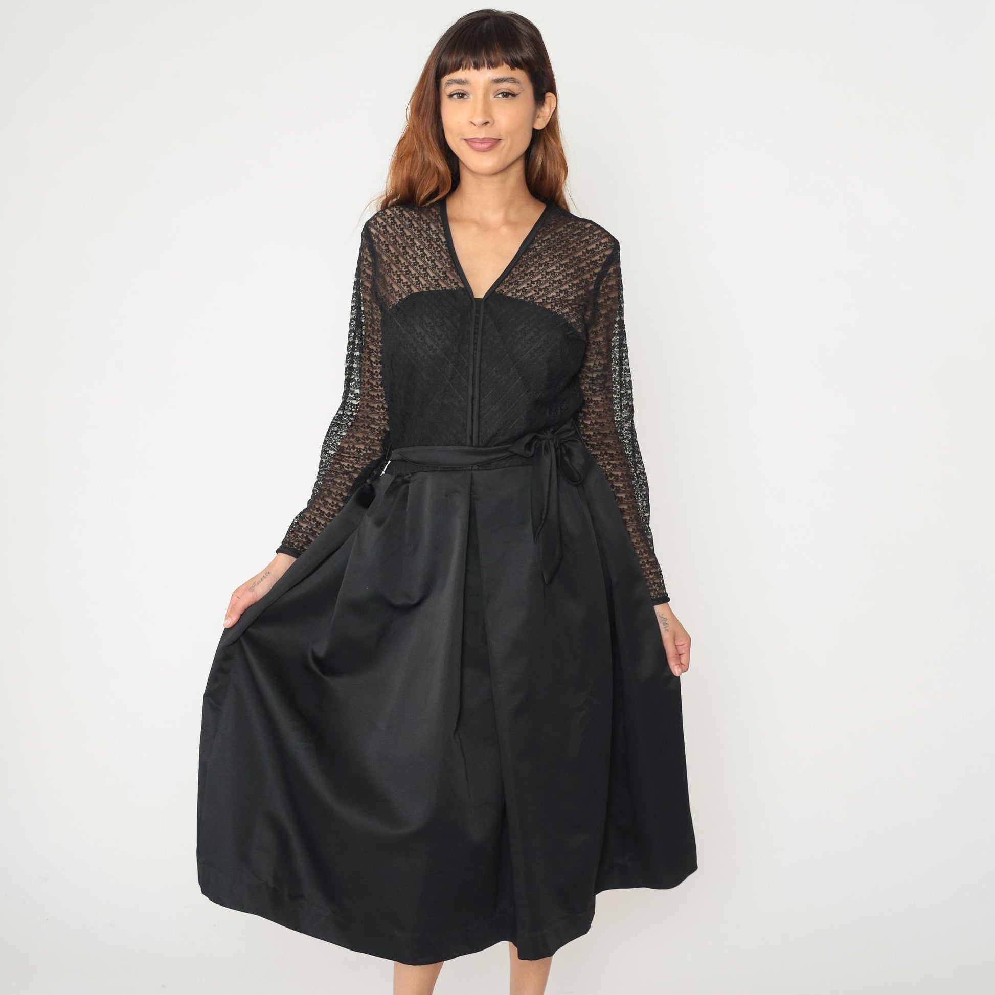 60s Herman Marcus Black Lace V-Neck Dress Tie Belt Midi Medium M