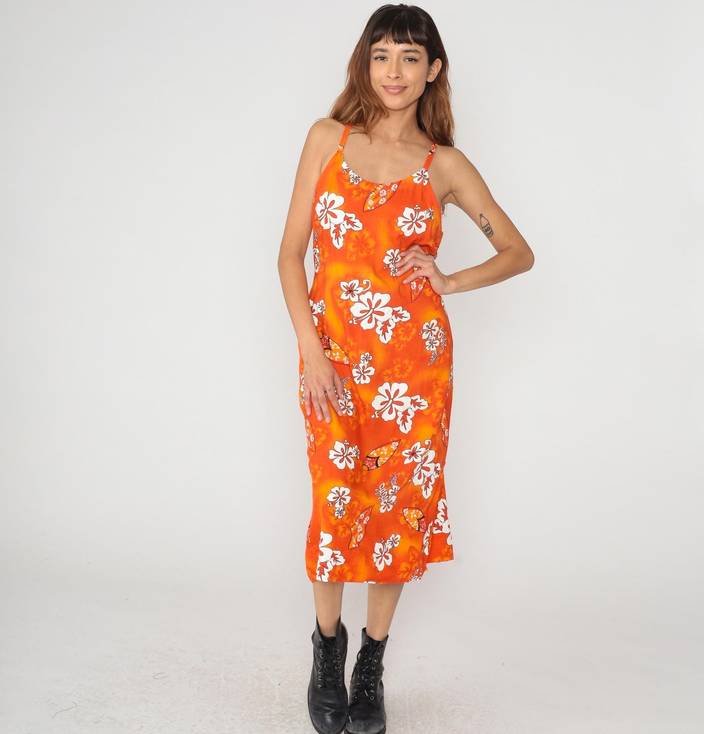 Y2K Orange Hawaiian Hibiscus Maxi Dress Spaghetti Strap Slip Large L