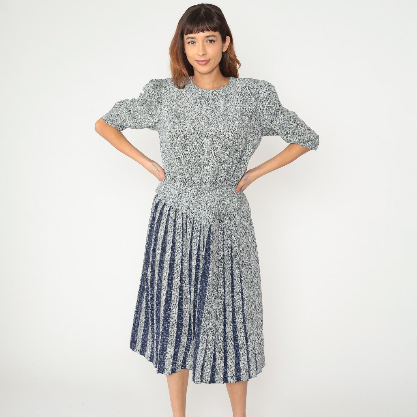 80s Blue White Mixed Print Dress Puff Sleeve Drop Waist Pleated Skirt Medium