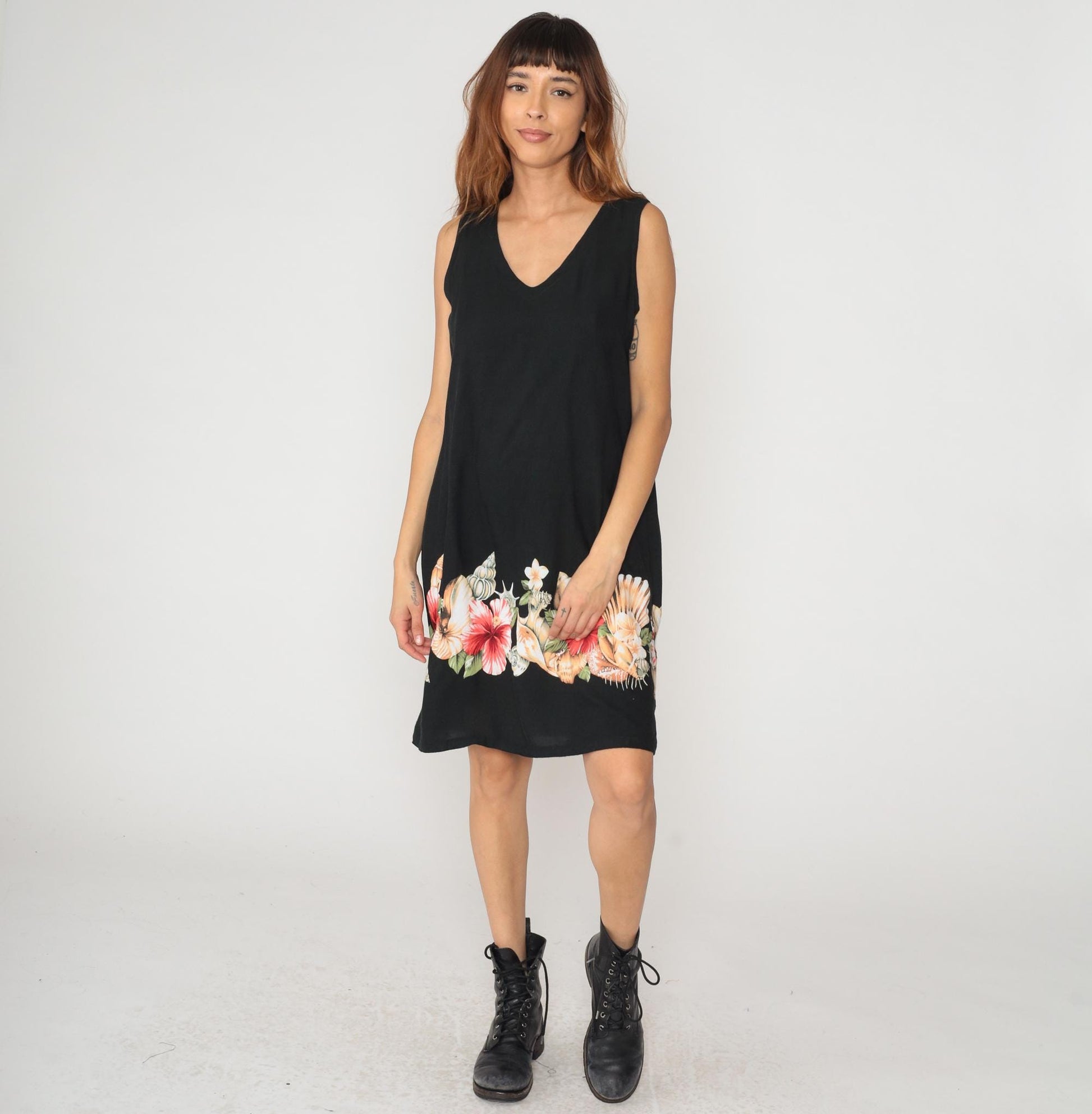 Y2K Black Hibiscus Floral Rayon Shift Dress Knee Length Large L