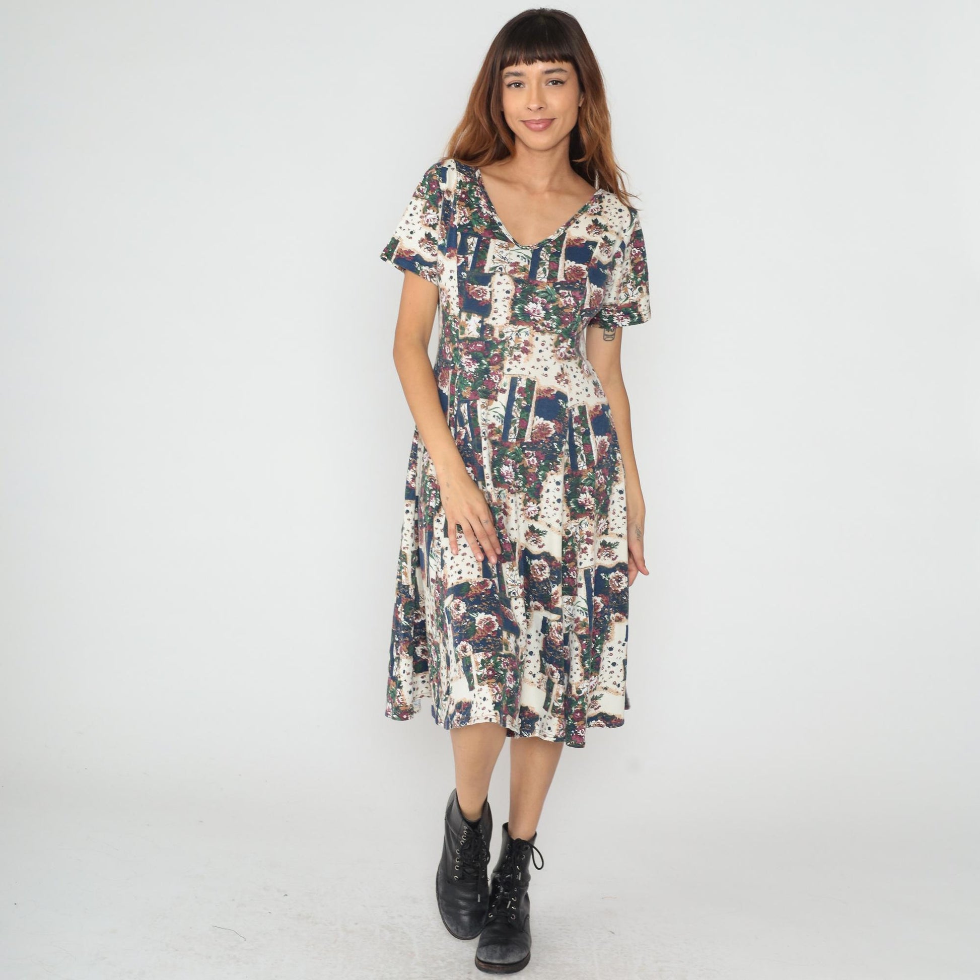 90s Patchwork Floral Midi Dress Cream Navy Burgundy Green Cotton V-Neck Medium M