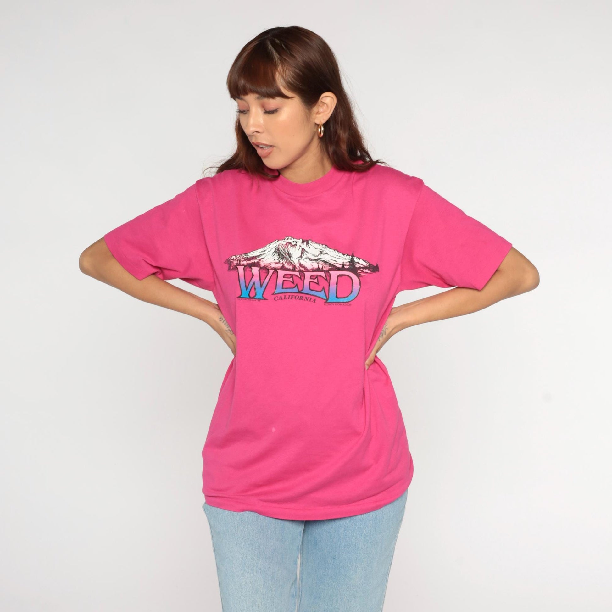 80s Weed California Mountain Graphic T-Shirt Hot Pink Hanes Large L