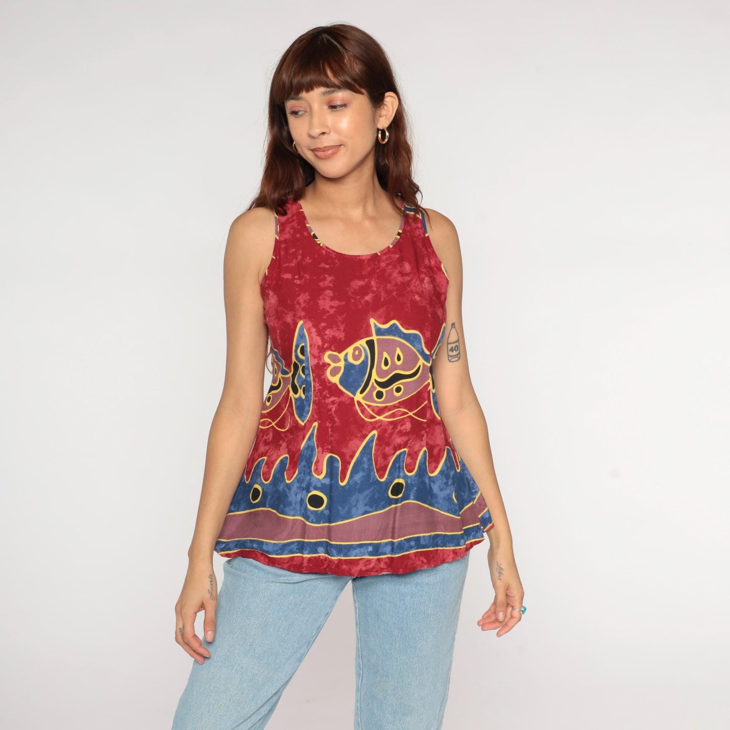 Y2K Ligayas Fish Tank Top Red Tie-Dye Abstract Print Blue Yellow Small