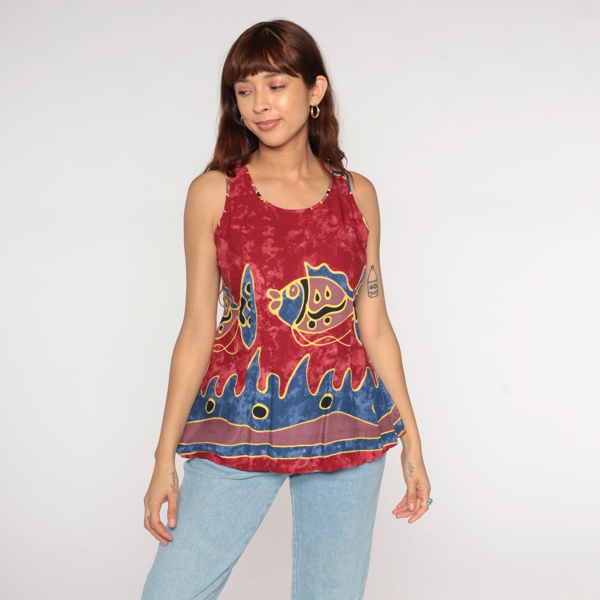 Y2K Ligayas Fish Tank Top Red Tie-Dye Abstract Print Blue Yellow Small