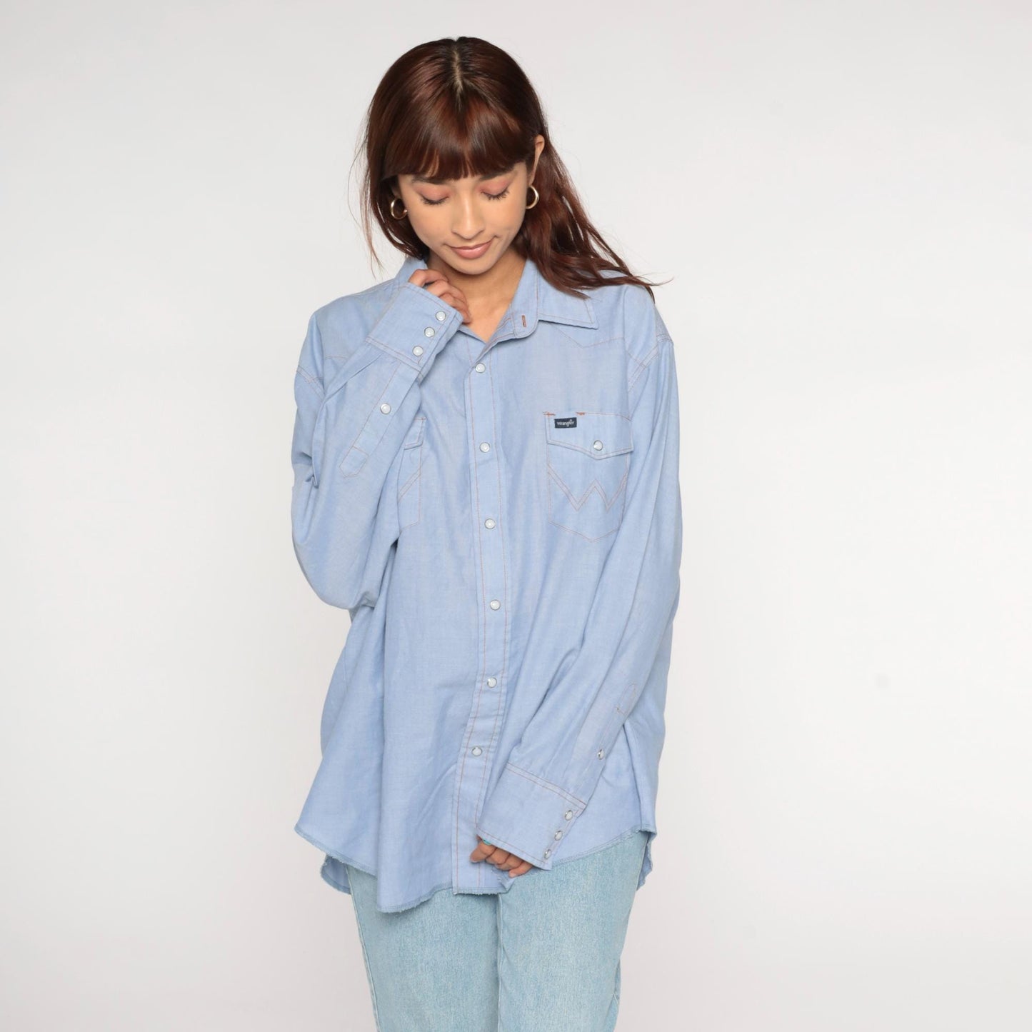 90s Wrangler Light Blue Chambray Pearl Snap Western Shirt Extra Large XXL