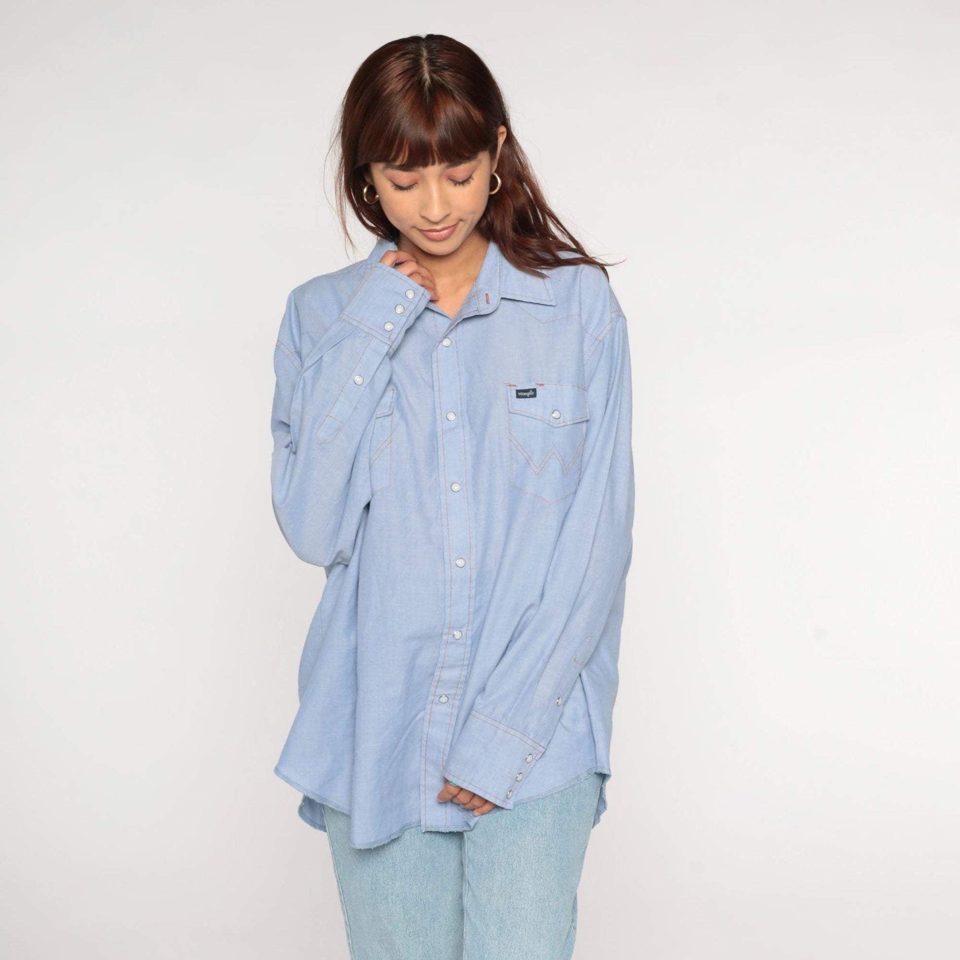90s Wrangler Light Blue Chambray Pearl Snap Western Shirt Extra Large XXL