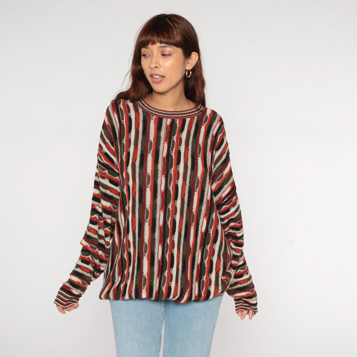 90s Protege Vertical Stripe Crewneck Sweater Rust Orange Black Cream Extra Large