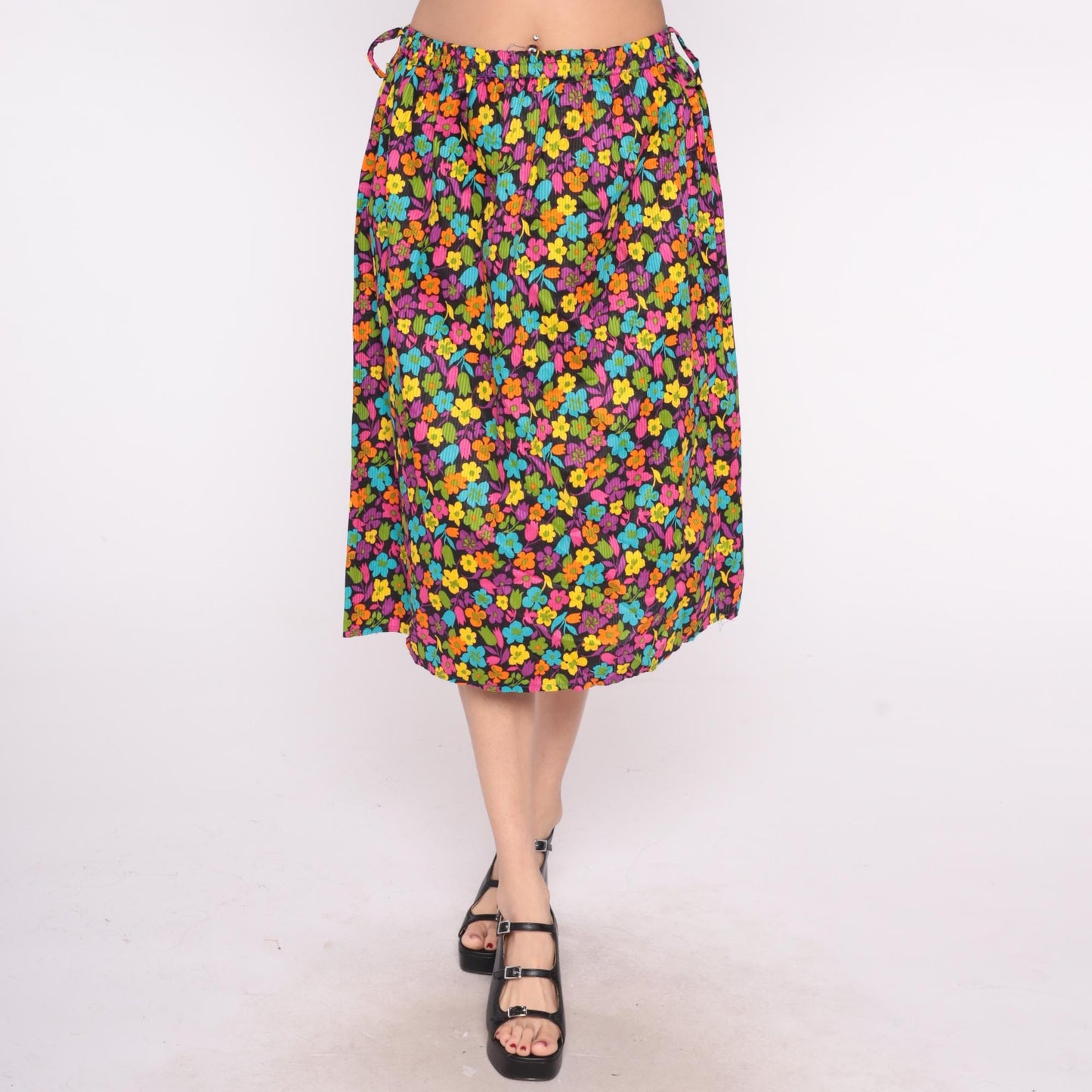 90s Black Floral A-Line Skirt Multicolor Drawstring Cotton Medium