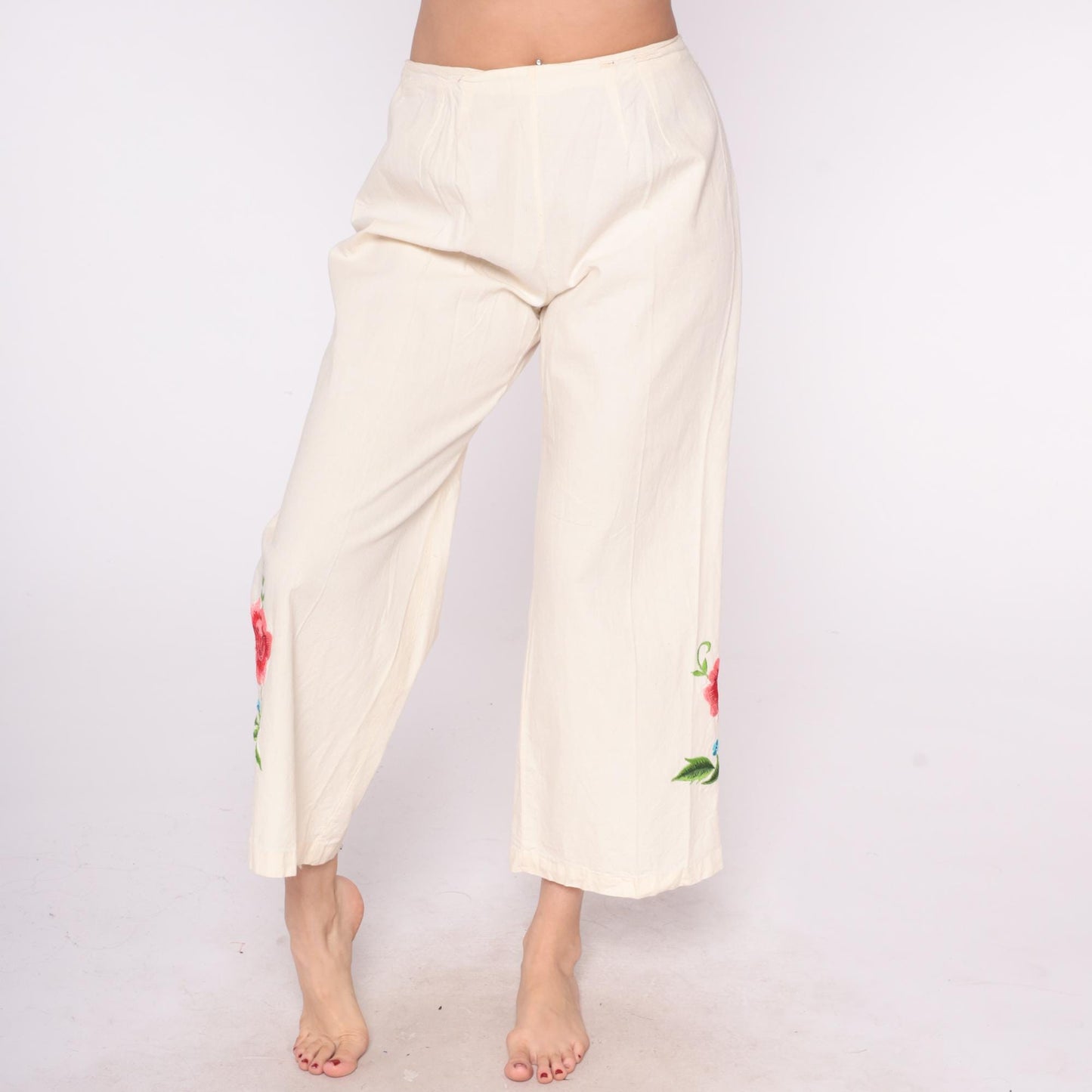80s Floral Embroidered Cream Wide Leg Pants High Waist Palazzo Cotton Medium