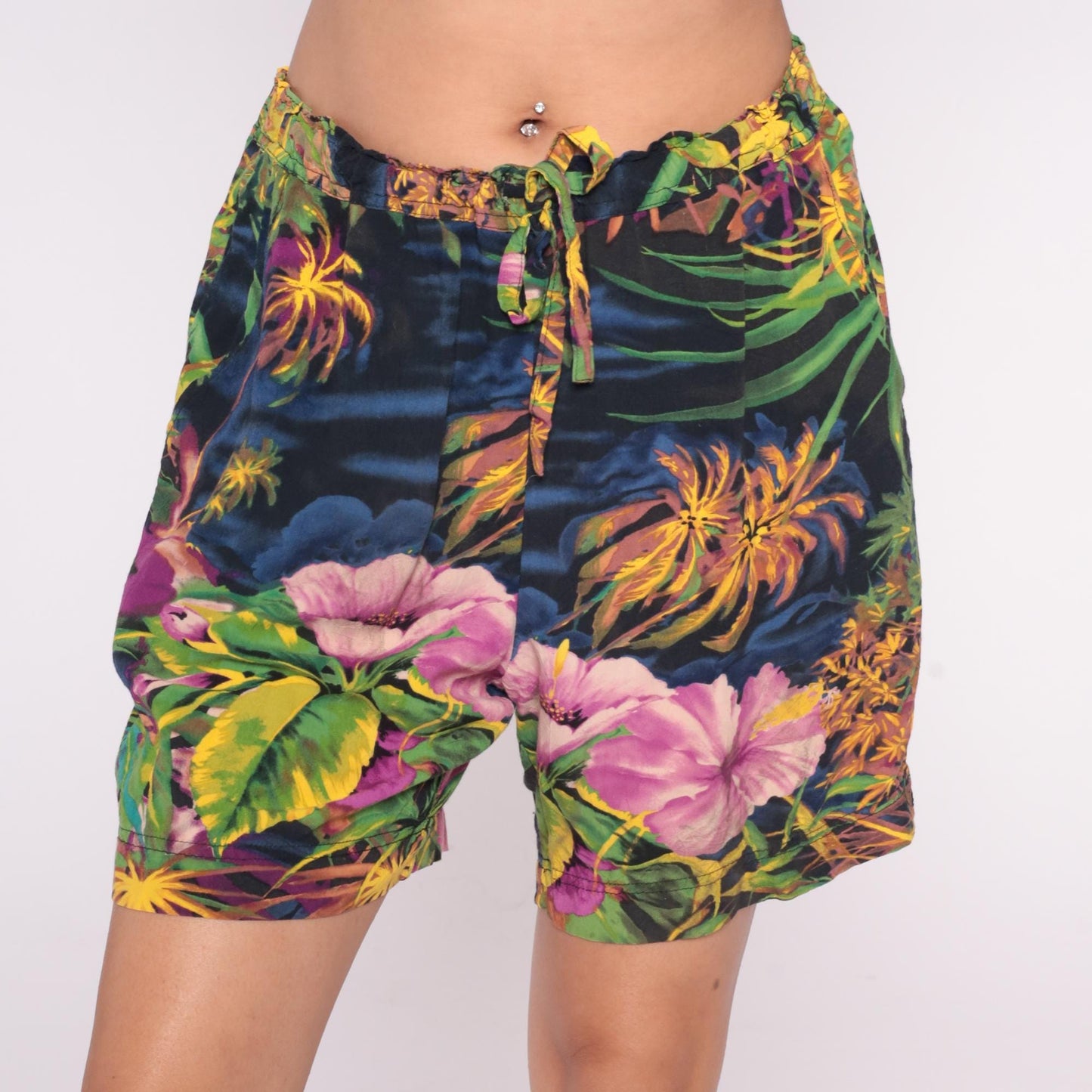 Y2K Jams World Tropical Shorts Floral Palm Print High Waist Rayon Medium Large
