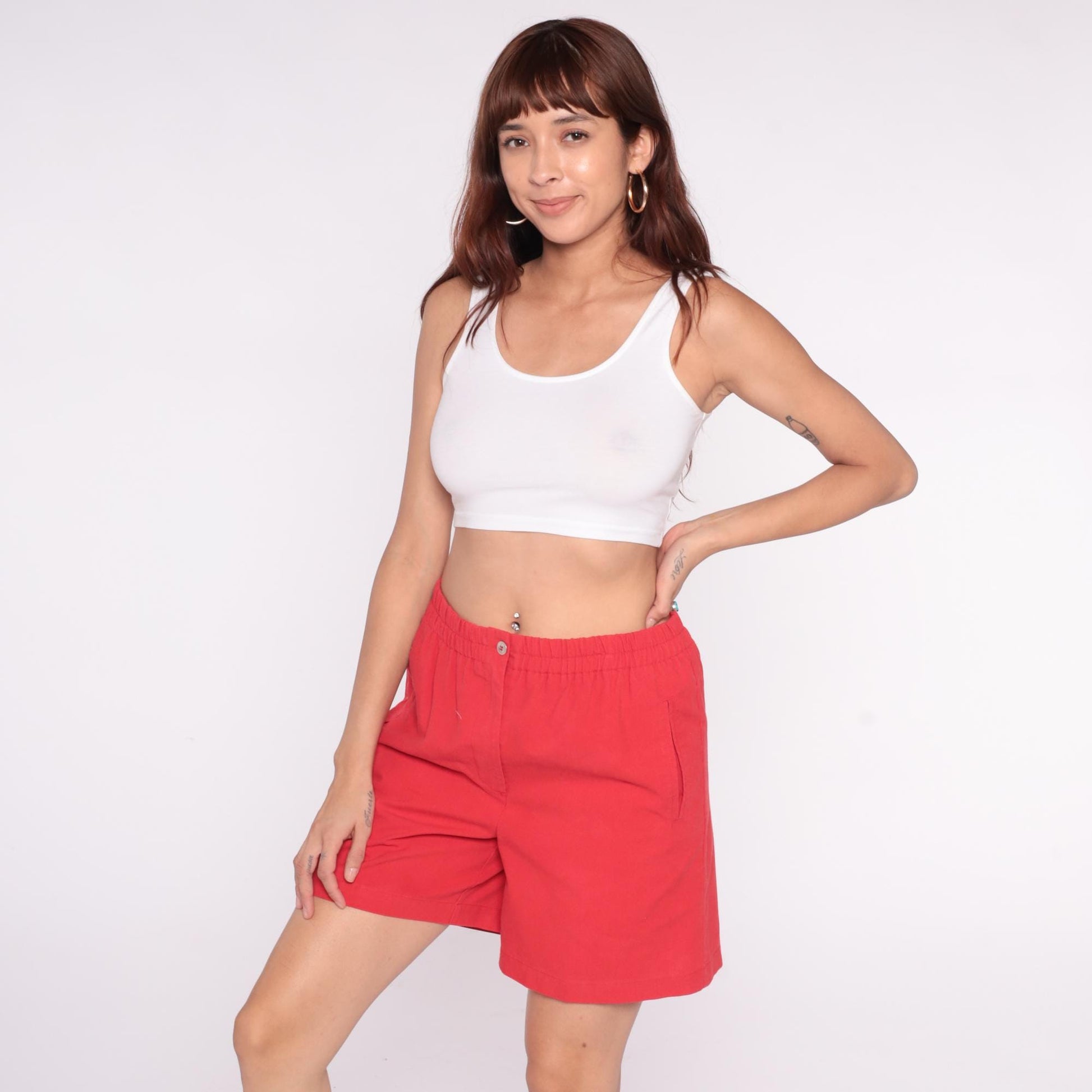 90s Karen Scott Red Cotton Shorts High Waisted Elastic Waist Small