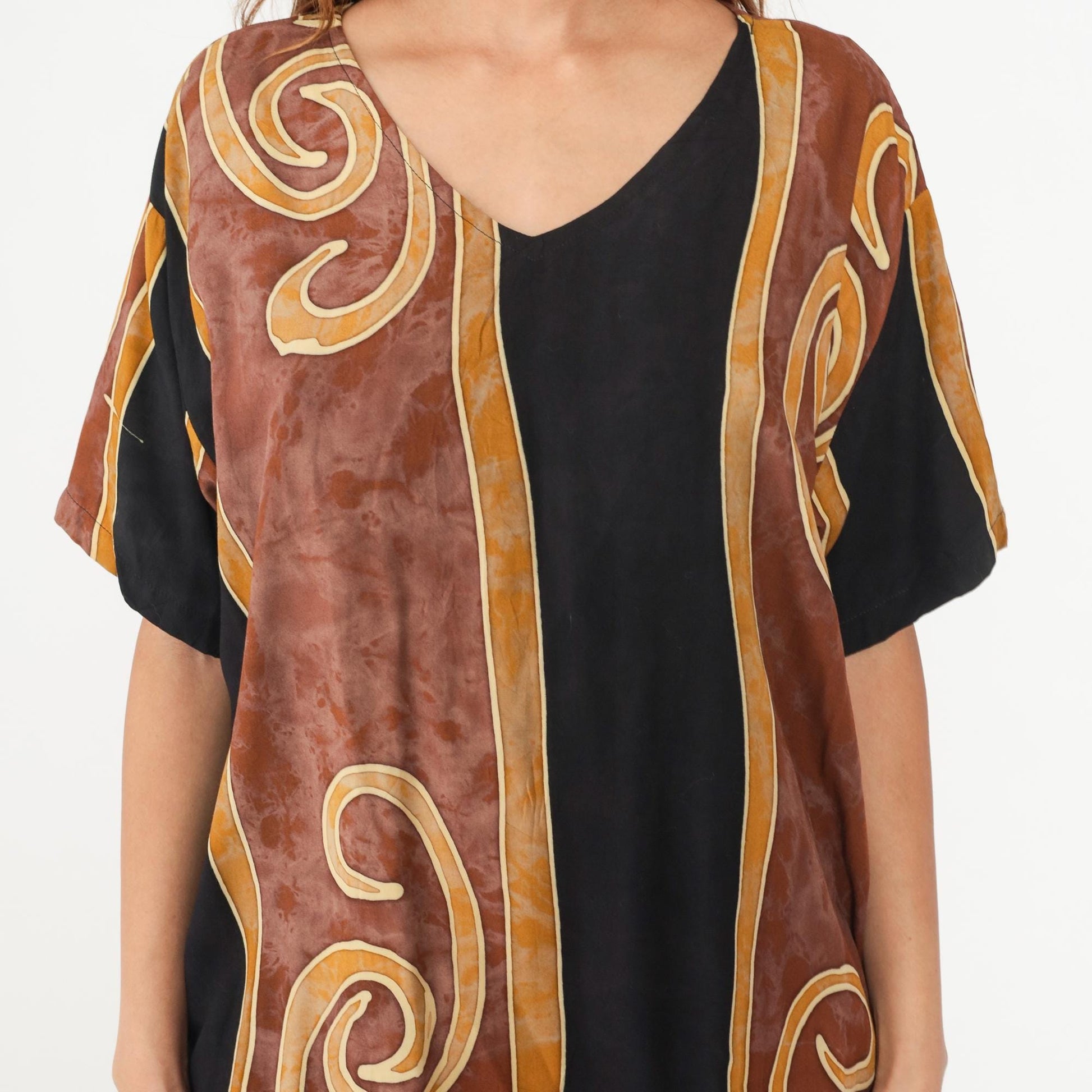 Y2K Tropical Tantrum Maxi Dress Brown Black Spiral V-Neck Flutter Sleeve Medium Large