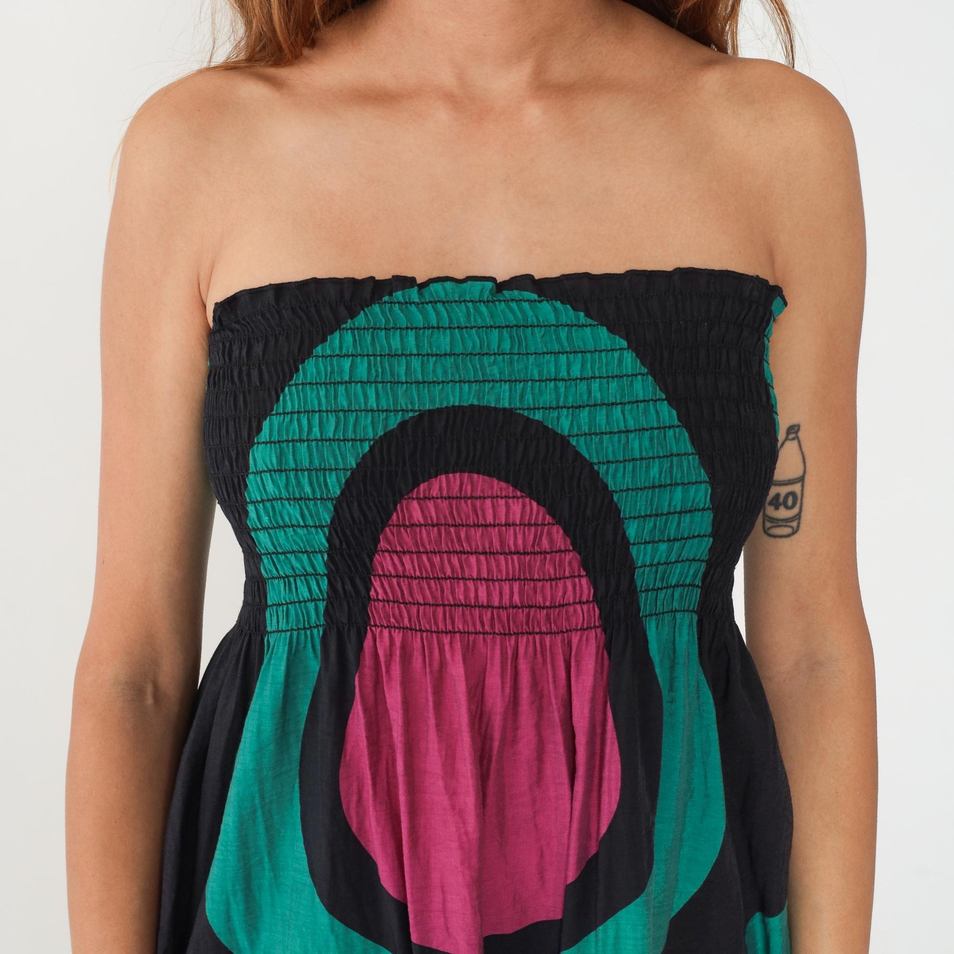 Y2K Hot and Delicious Strapless Dress Geometric Print Black Teal Magenta Large L