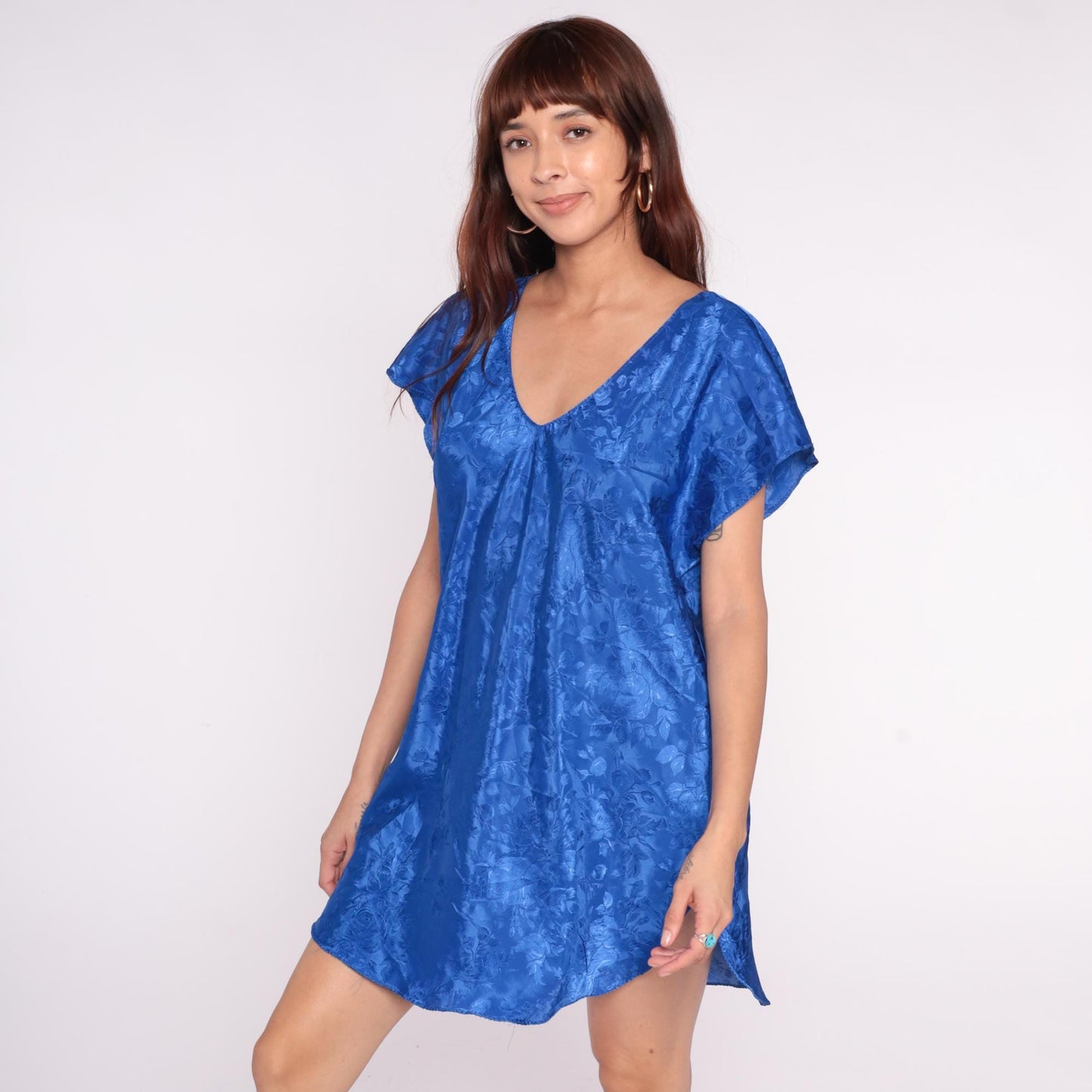 90s La Intimates Royal Blue Satin Nightgown Floral Jacquard V-Neck Mini Small