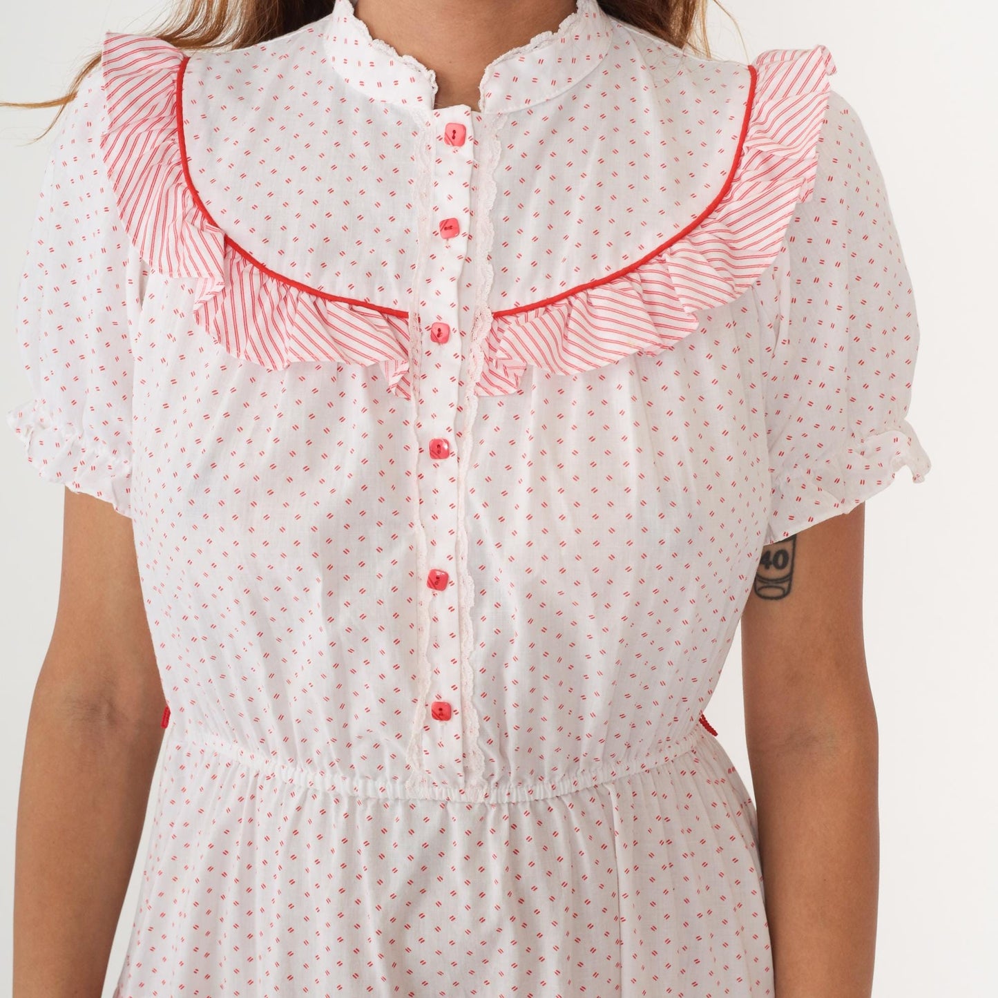80s White Polka Dot Pink Striped Midi Dress Peter Pan Collar Puff Sleeve Medium