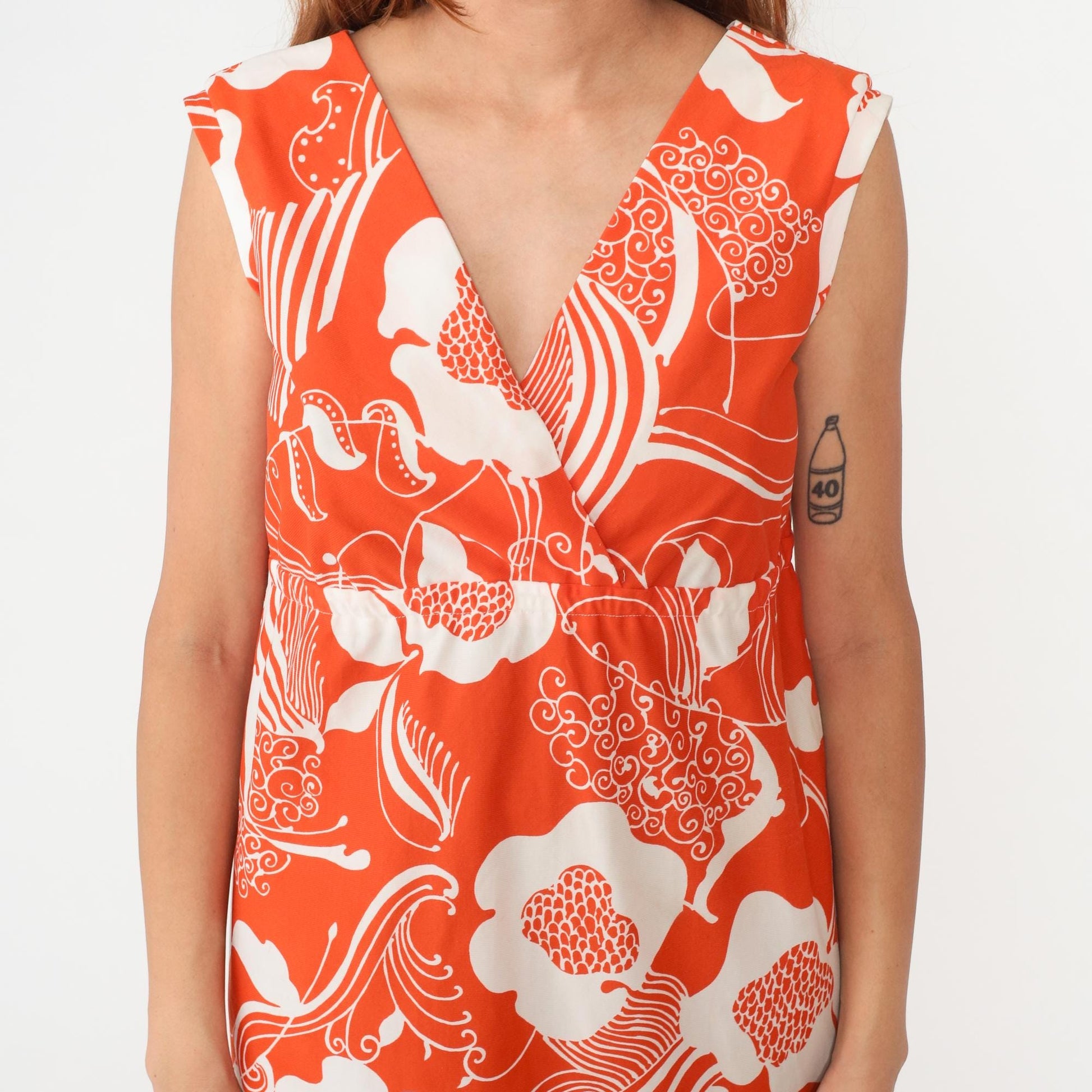 70s Halii Honolulu Orange Floral Maxi Dress Sleeveless V-Neck Large