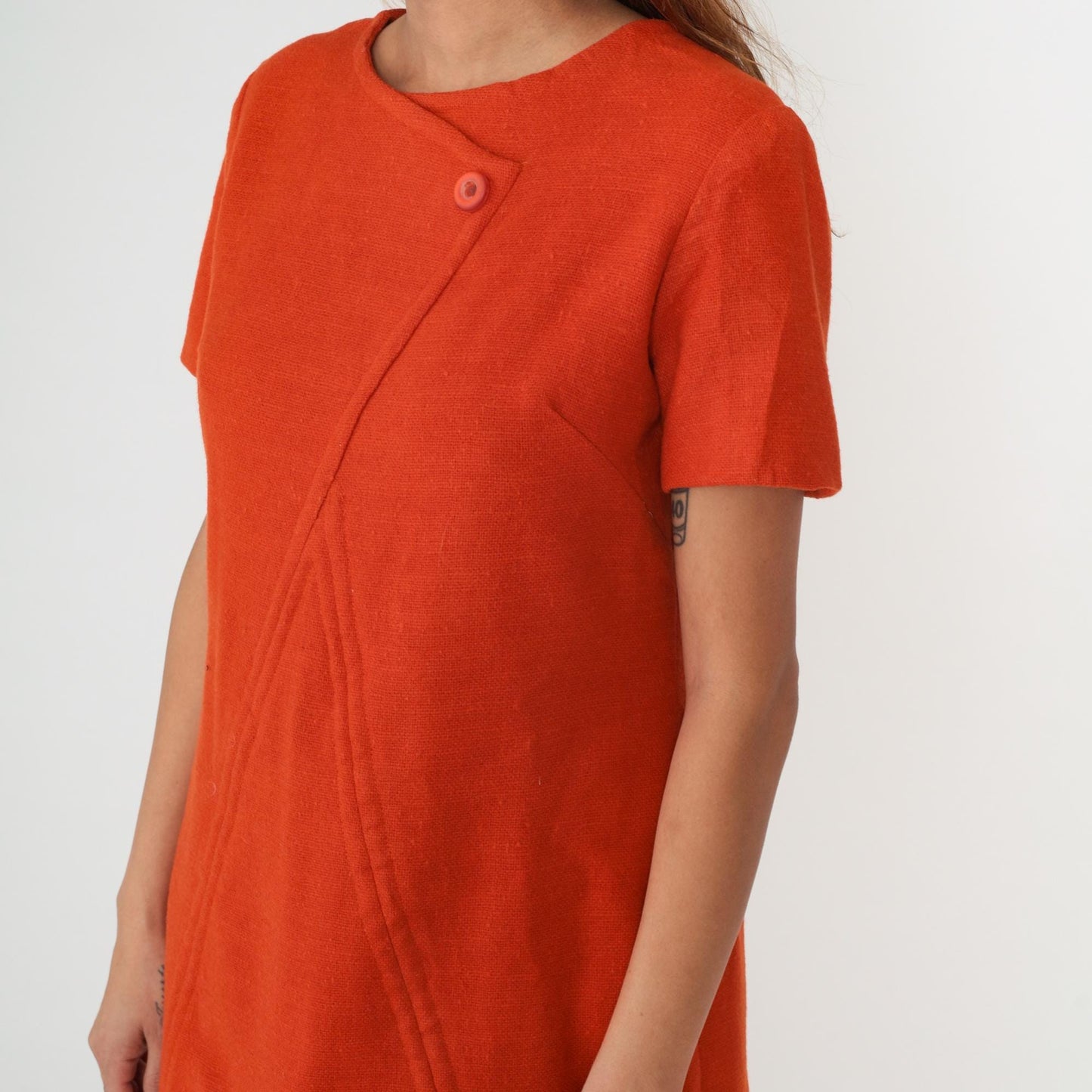 60s Orange Wool Mini Shift Dress Mod A-Line Short Sleeve Medium M