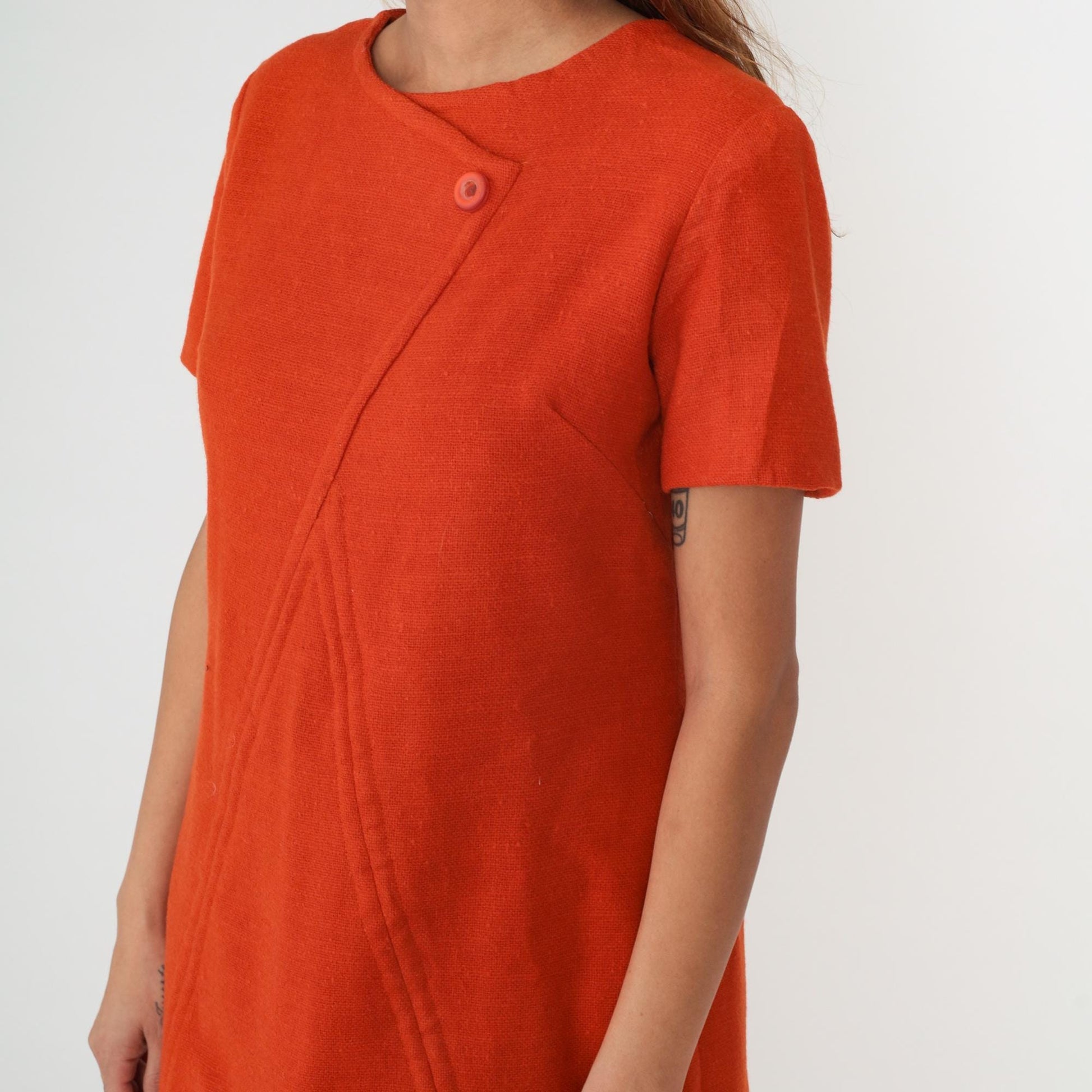 60s Orange Wool Mini Shift Dress Mod A-Line Short Sleeve Medium M