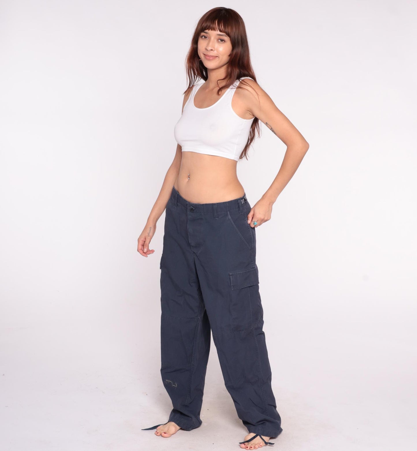 Y2K Navy Cargo Pants Straight Leg Drawstring Utility Pockets Medium
