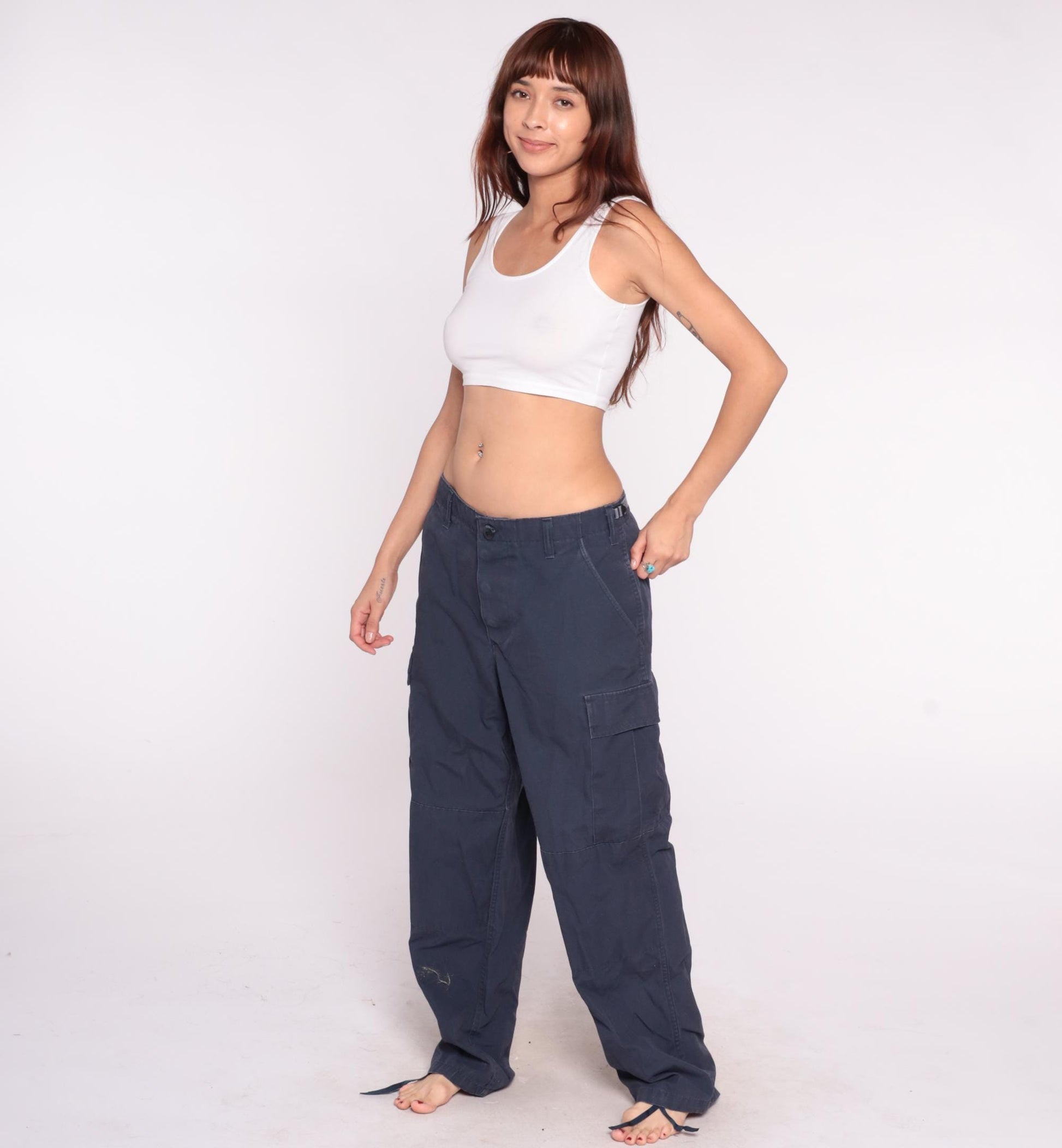 Y2K Navy Cargo Pants Straight Leg Drawstring Utility Pockets Medium