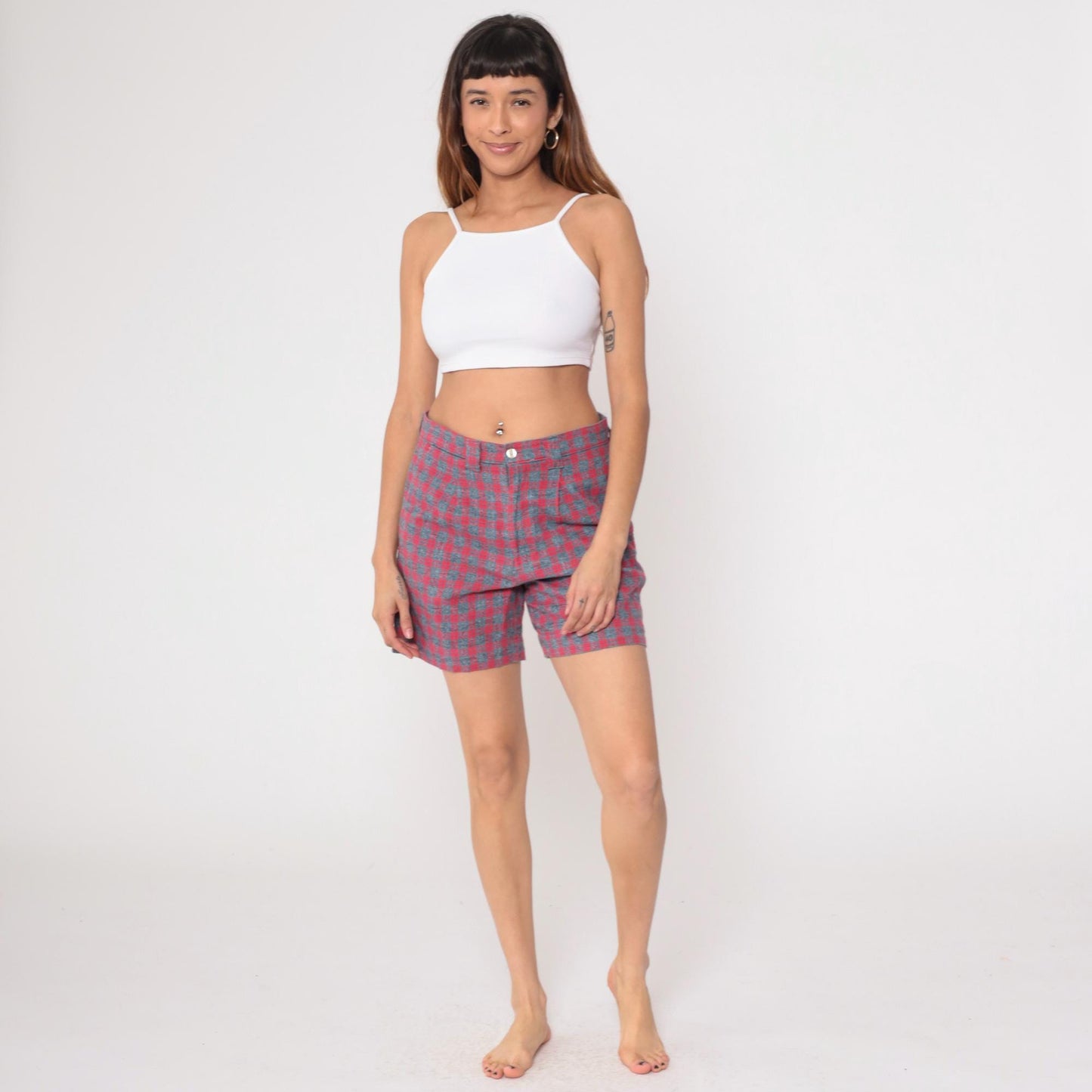 80s Pazzo Plaid High-Waisted Shorts Red Blue Button Front Medium