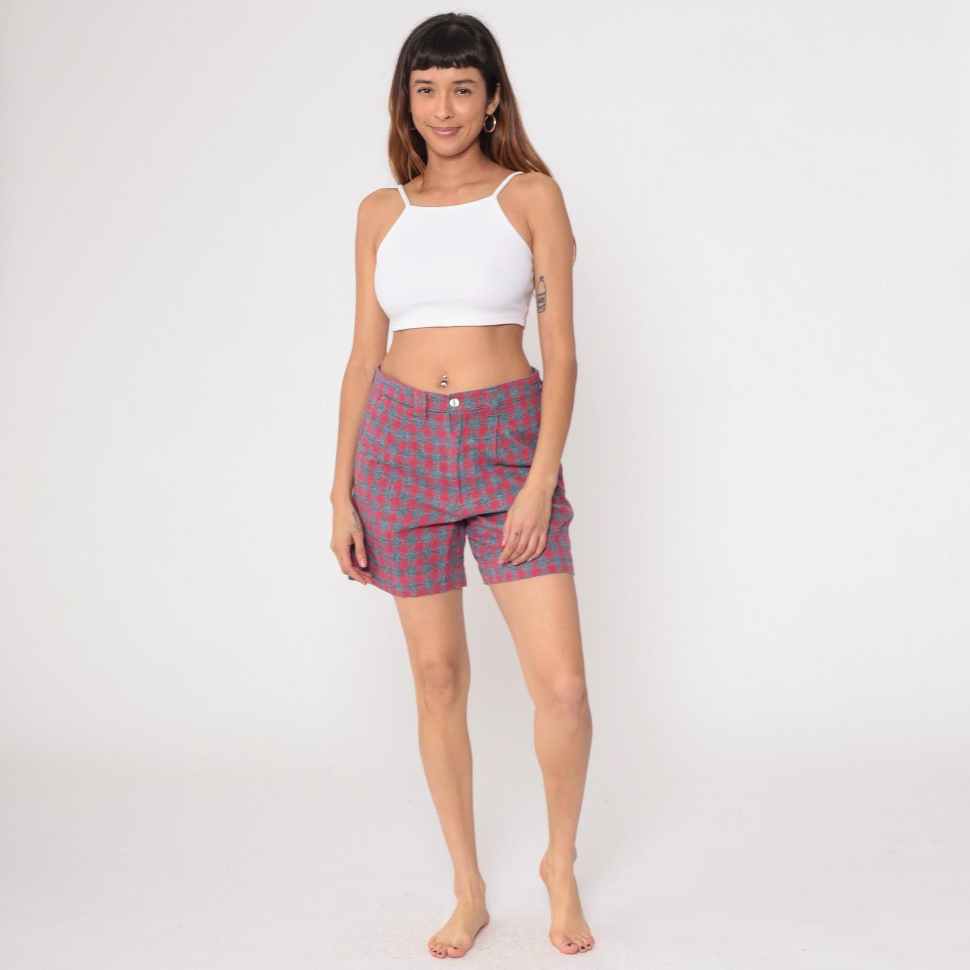 80s Pazzo Plaid High-Waisted Shorts Red Blue Button Front Medium