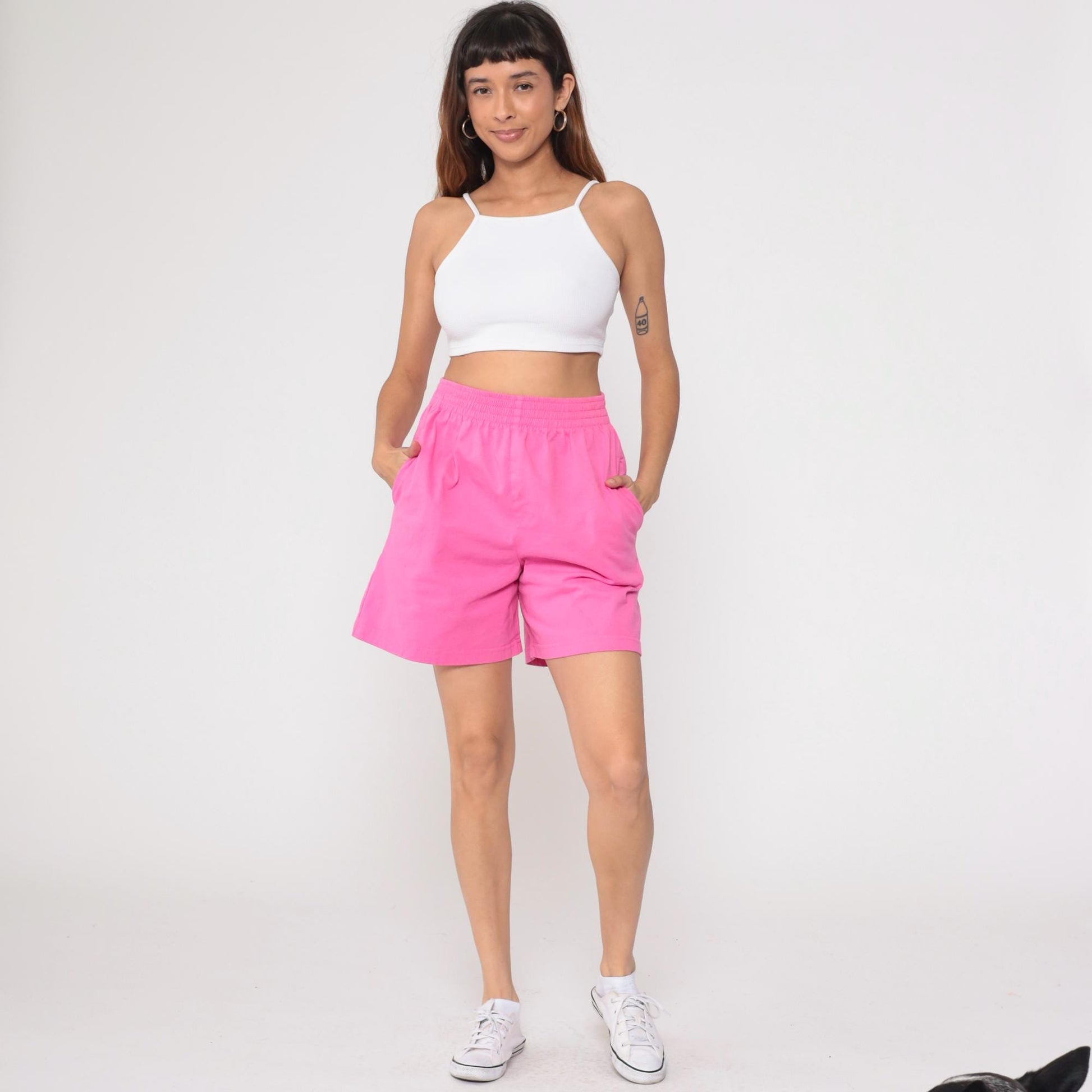 90s Hot Pink Cotton Shorts High Rise Bermuda Elastic Waist Medium