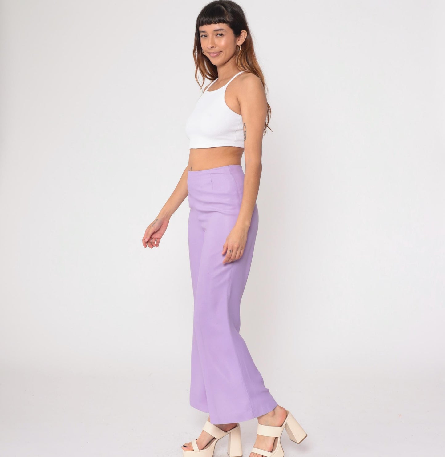 1970s Lavender High-Waisted Wide-Leg Flared Trousers Small