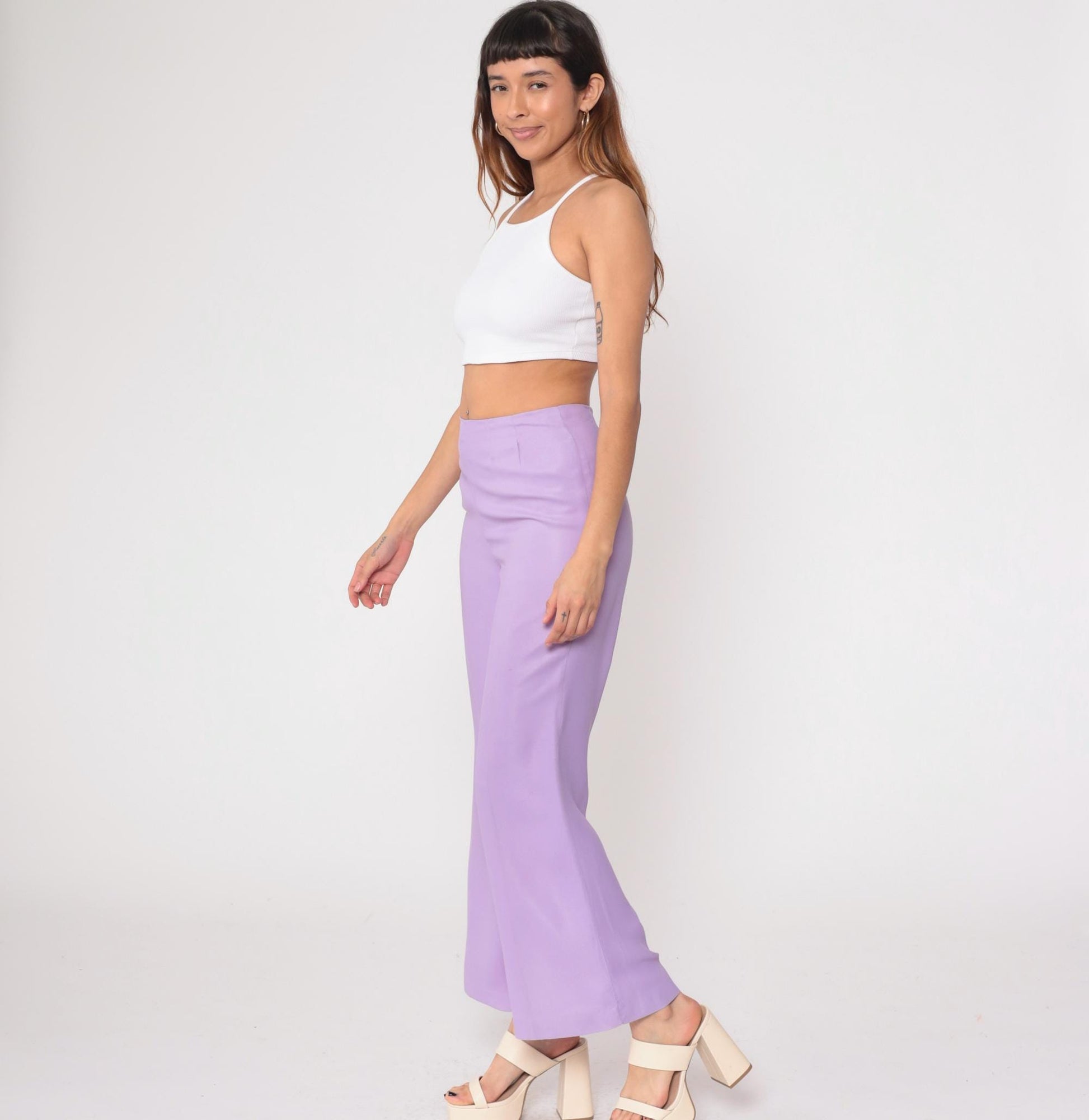 1970s Lavender High-Waisted Wide-Leg Flared Trousers Small
