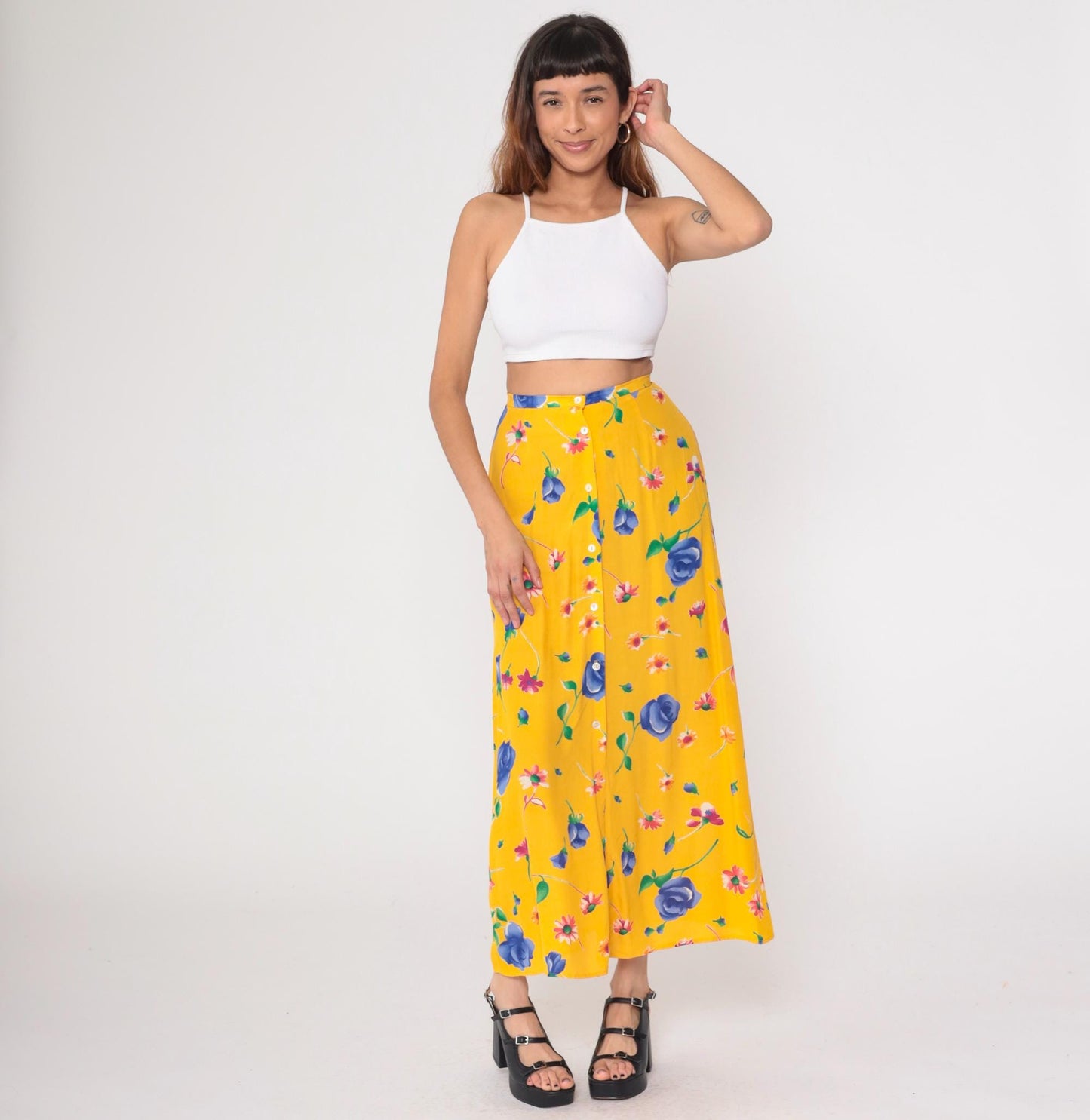 90s Breeches Yellow Floral Maxi Skirt Button Front Small