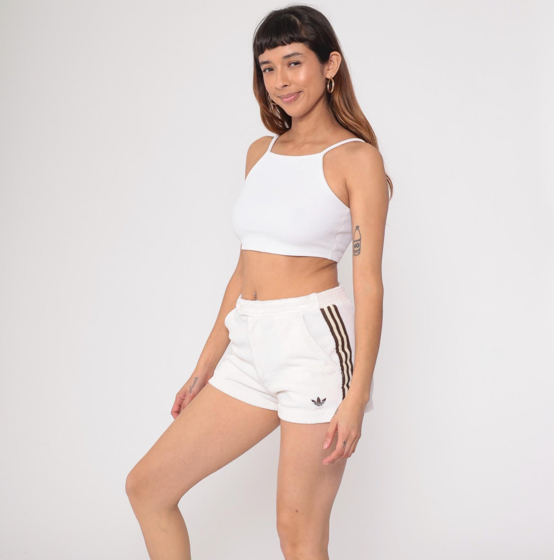 80s Adidas Terry Cloth Shorts White Brown Stripe Athletic Medium