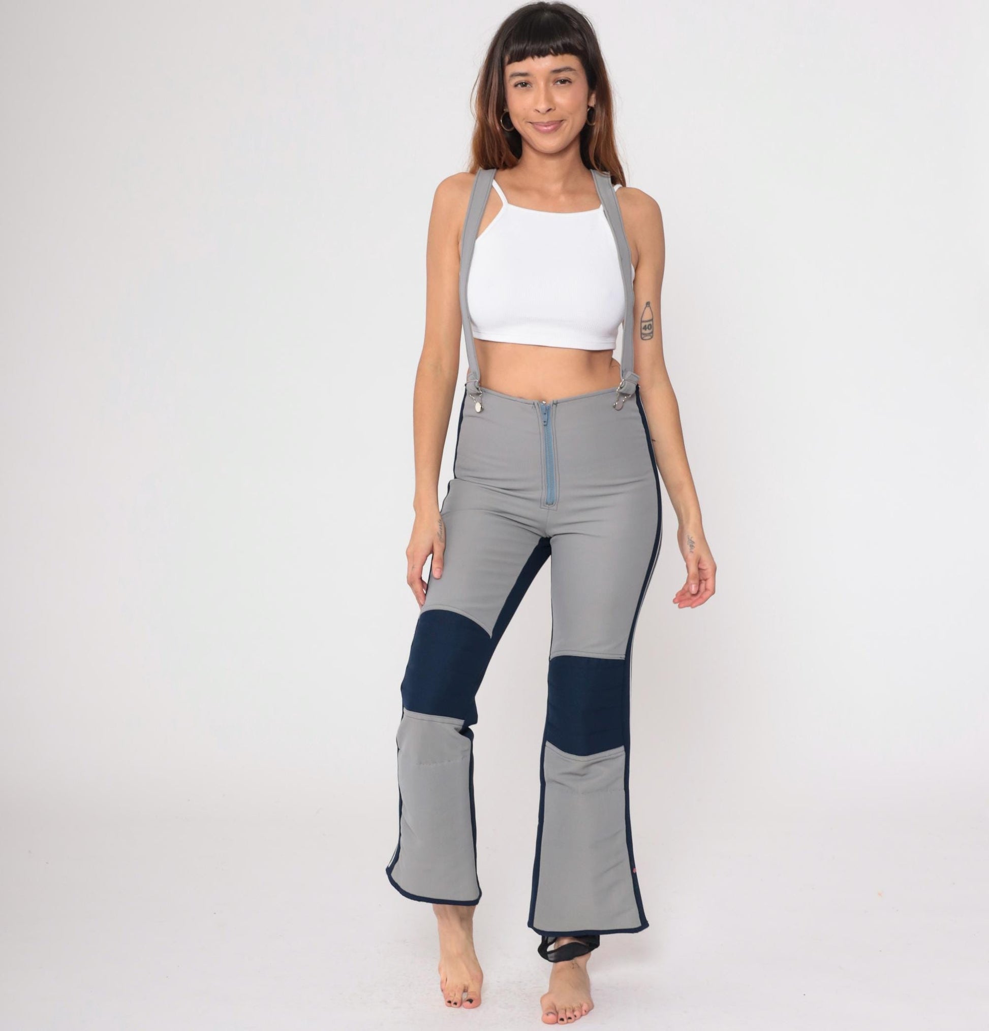 70s Obermeyer Wool Ski Bib Pants Gray Navy Colorblock High Waisted Medium