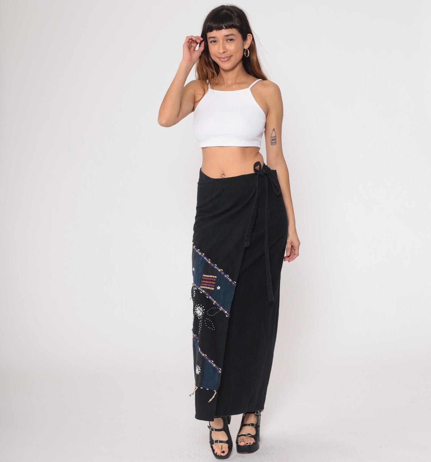 Y2K Black Wrap Skirt Beaded Navy Maxi Sequin Geometric Tribal Cotton Large