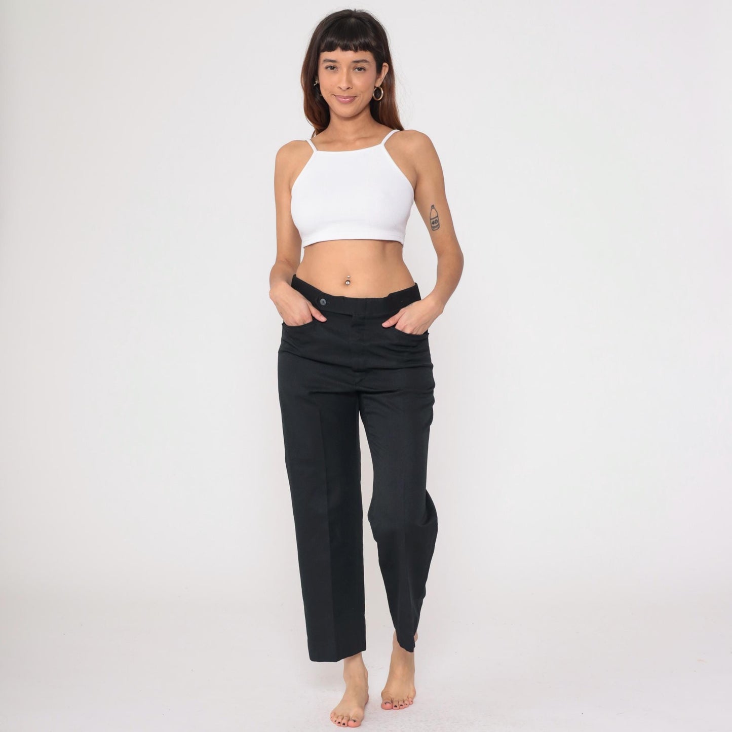 70s Black Expand-O-Matic High Waist Straight Leg Trousers Cropped Medium