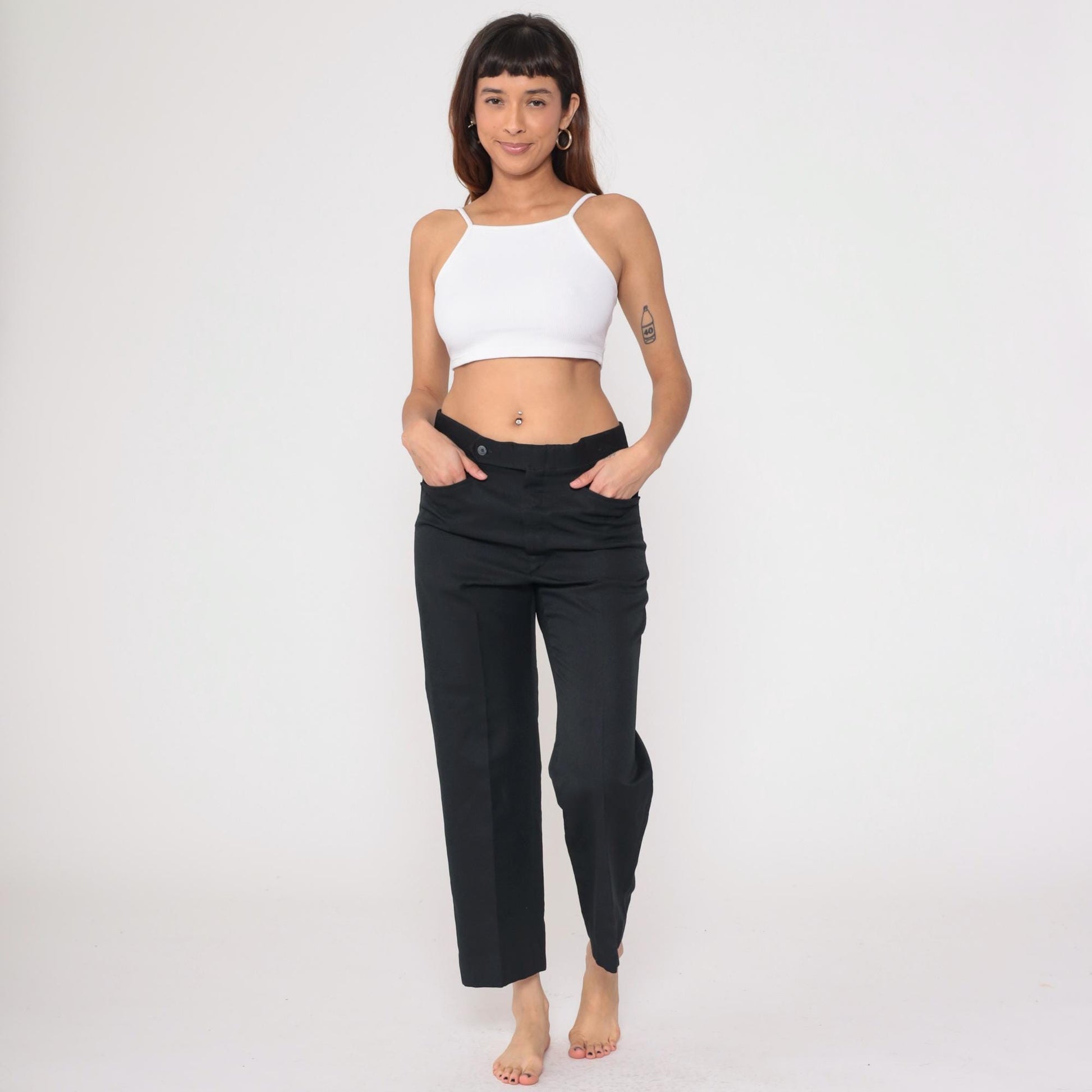 70s Black Expand-O-Matic High Waist Straight Leg Trousers Cropped Medium