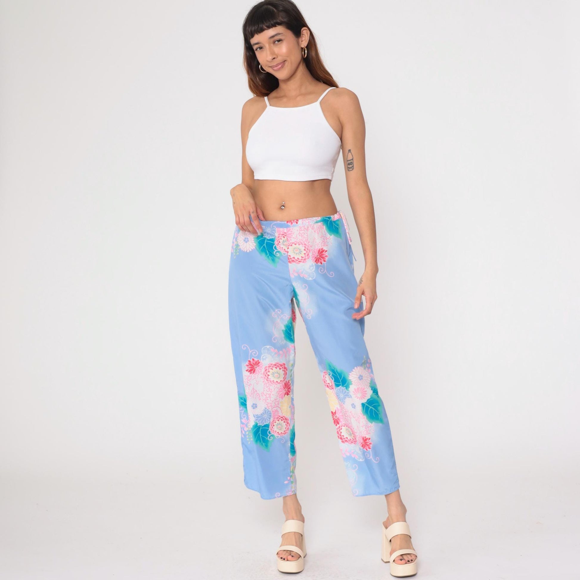 Y2K Natori Floral Pajama Pants Periwinkle Cropped Medium M