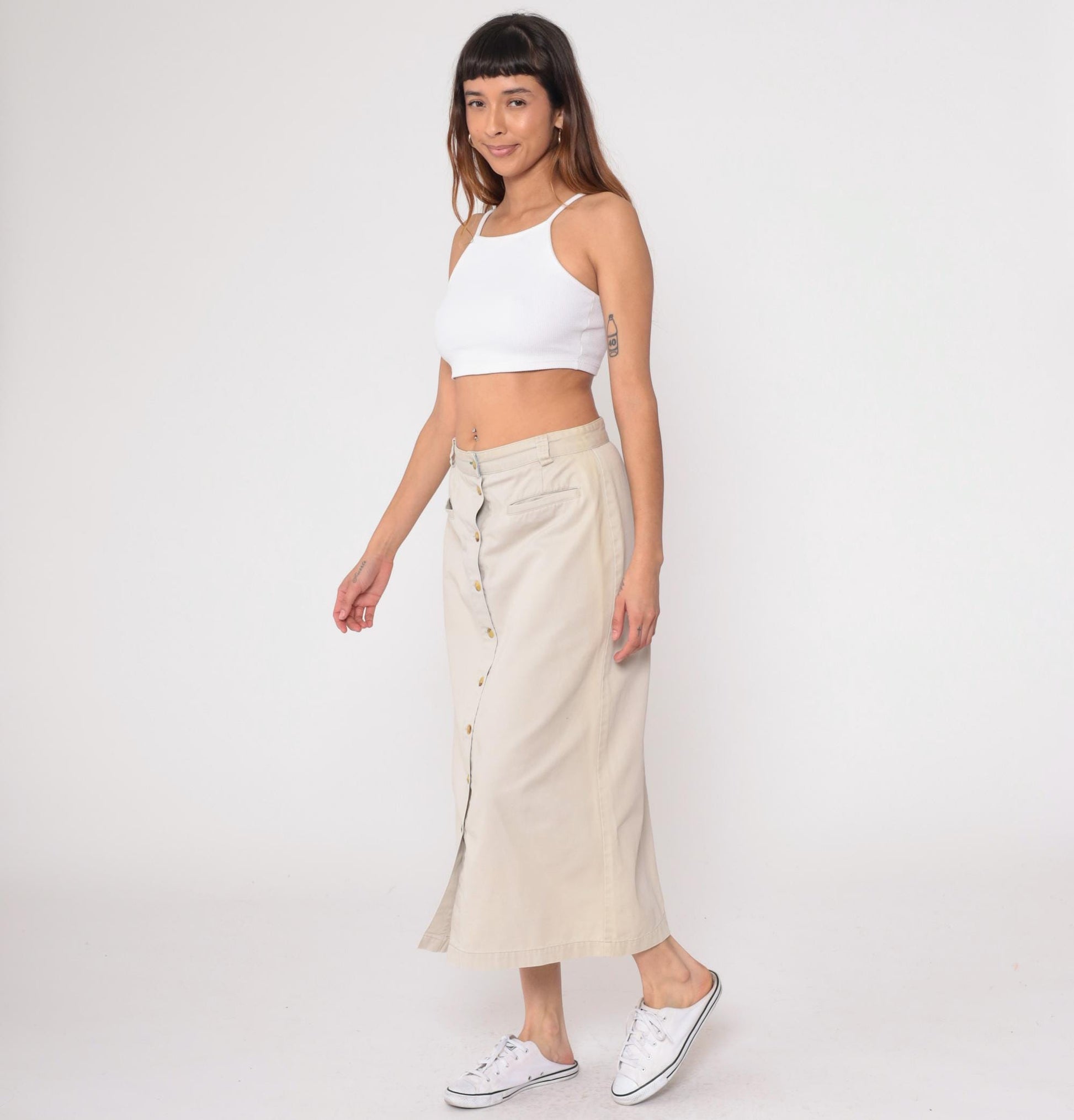 90s Tommy Hilfiger Khaki Skirt Cotton High Waist Button Front Large