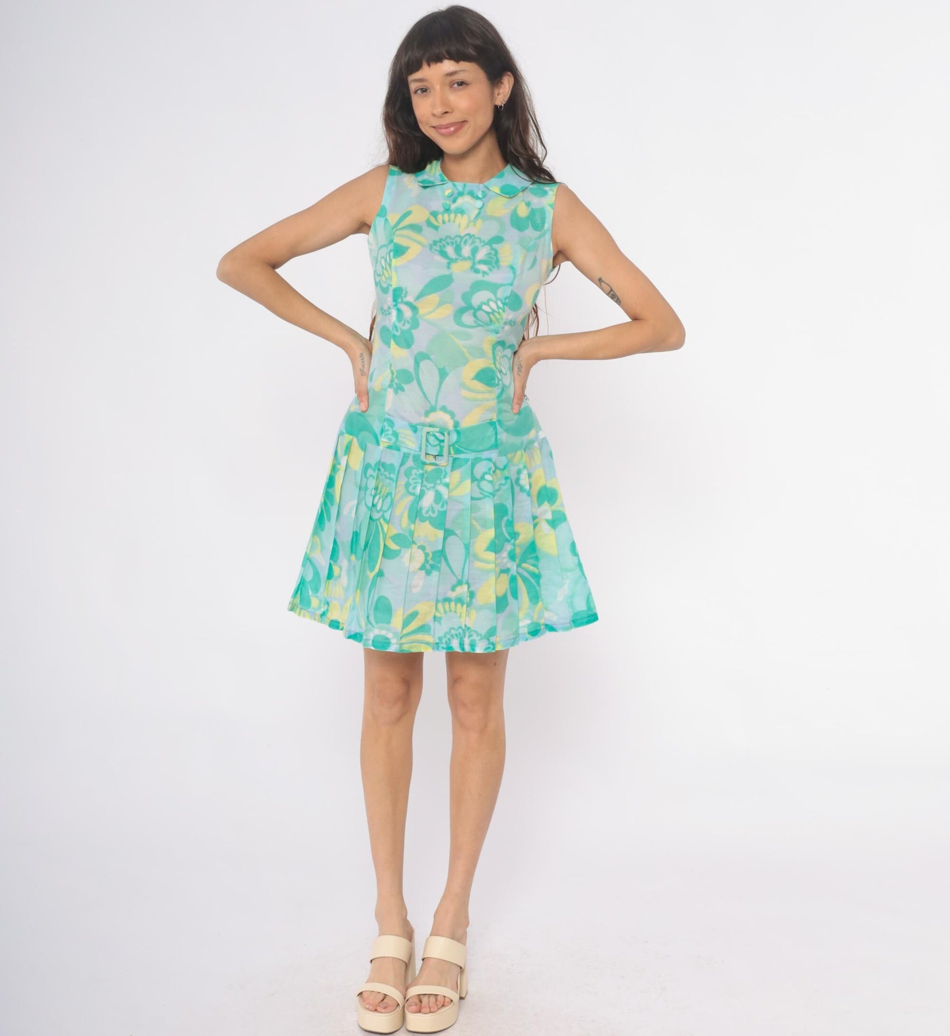 60s Mod Floral Drop Waist Dress Turquoise Peter Pan Collar Pleated Small