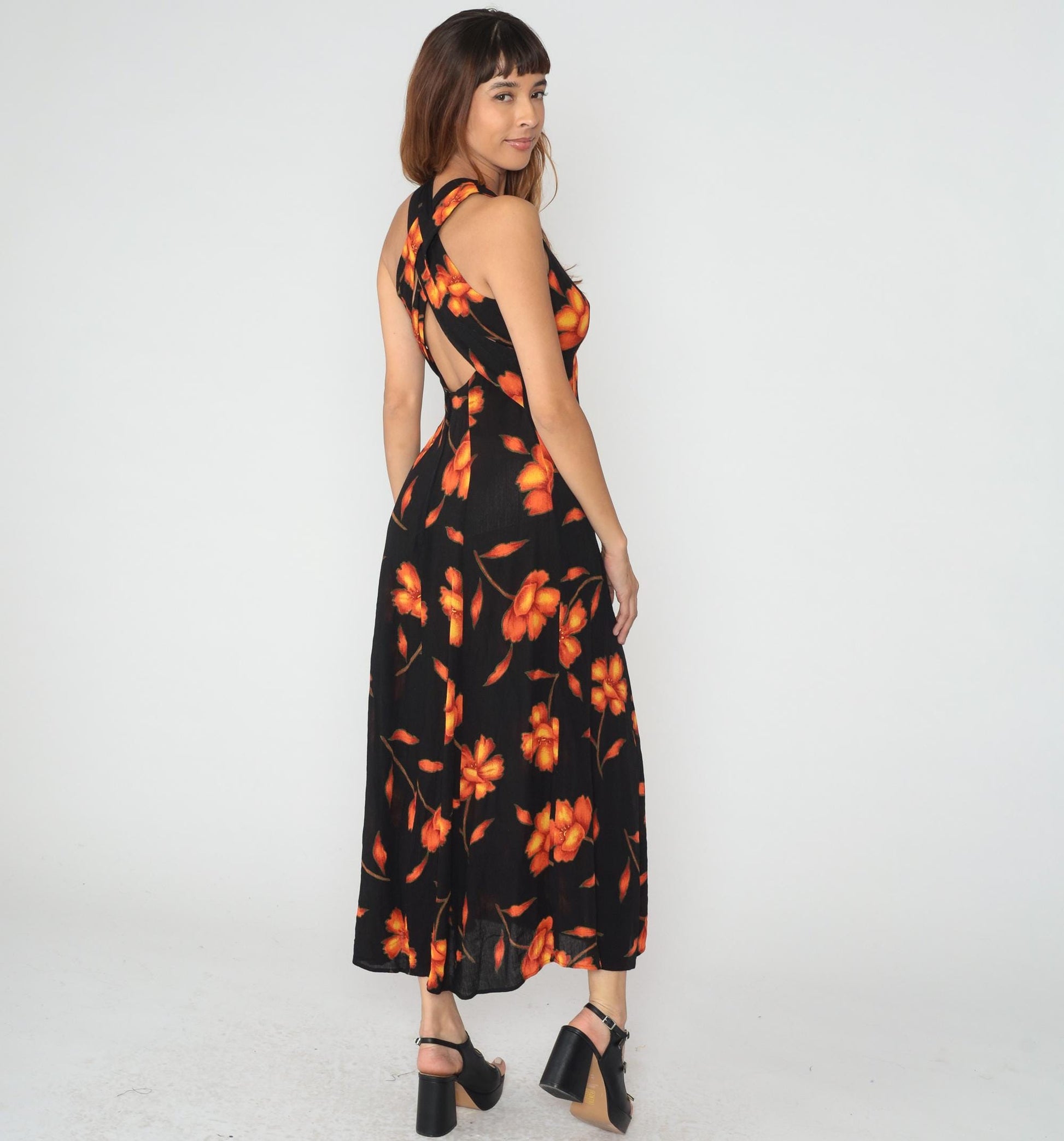 90s Black Floral Maxi Dress Halter Bustier Cross Back Medium
