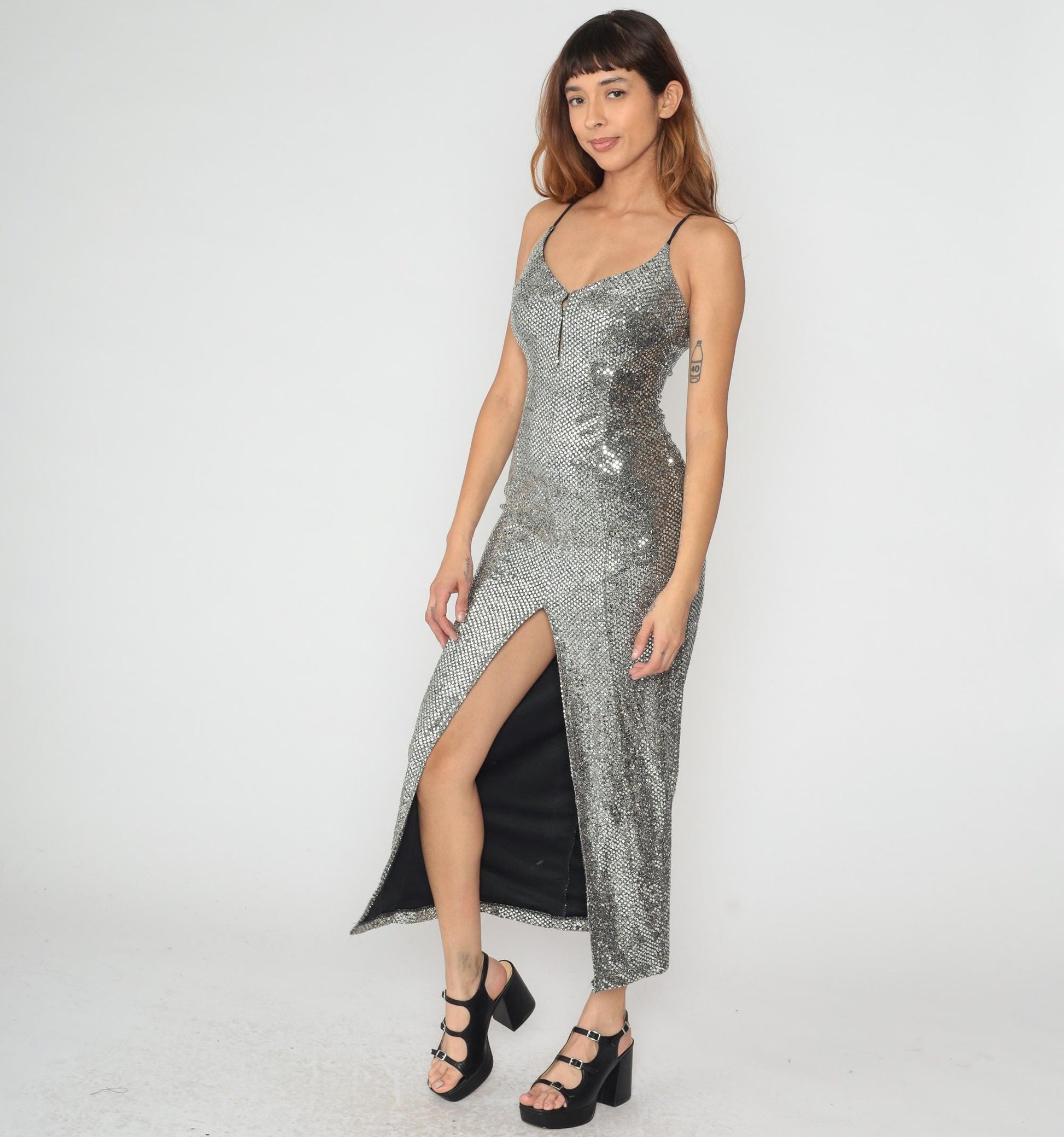 90s Michi Silver Sequin Maxi Dress Spaghetti Strap V Neck Slit Small S