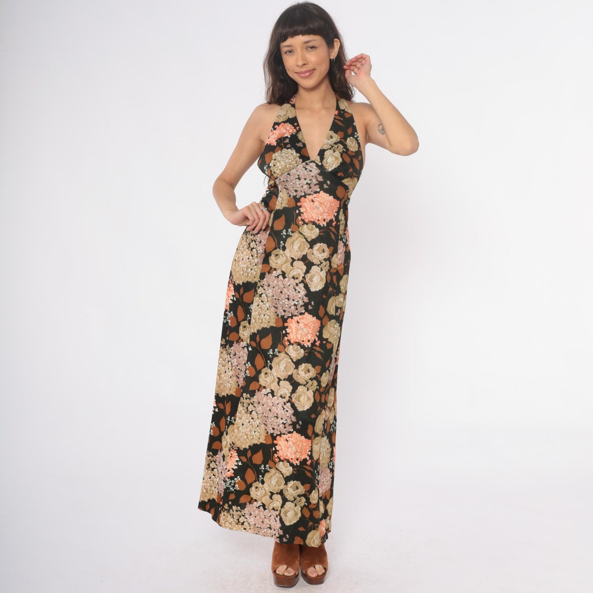 70s Dark Green Floral Halter Maxi Dress Deep V Sleeveless Small