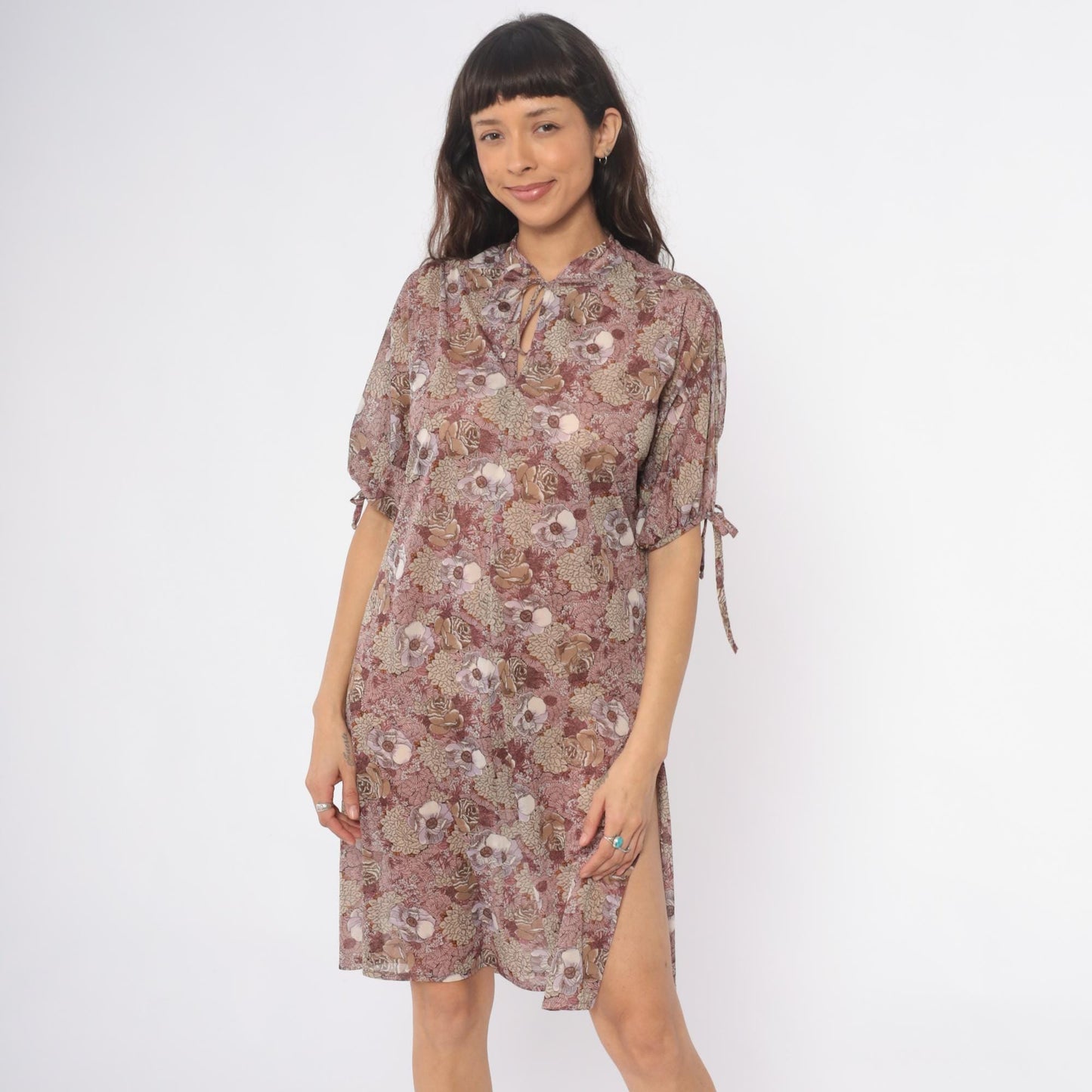 70s Trolley Car Floral Shift Dress Dusty Rose Tie Neck Knee Length Large L