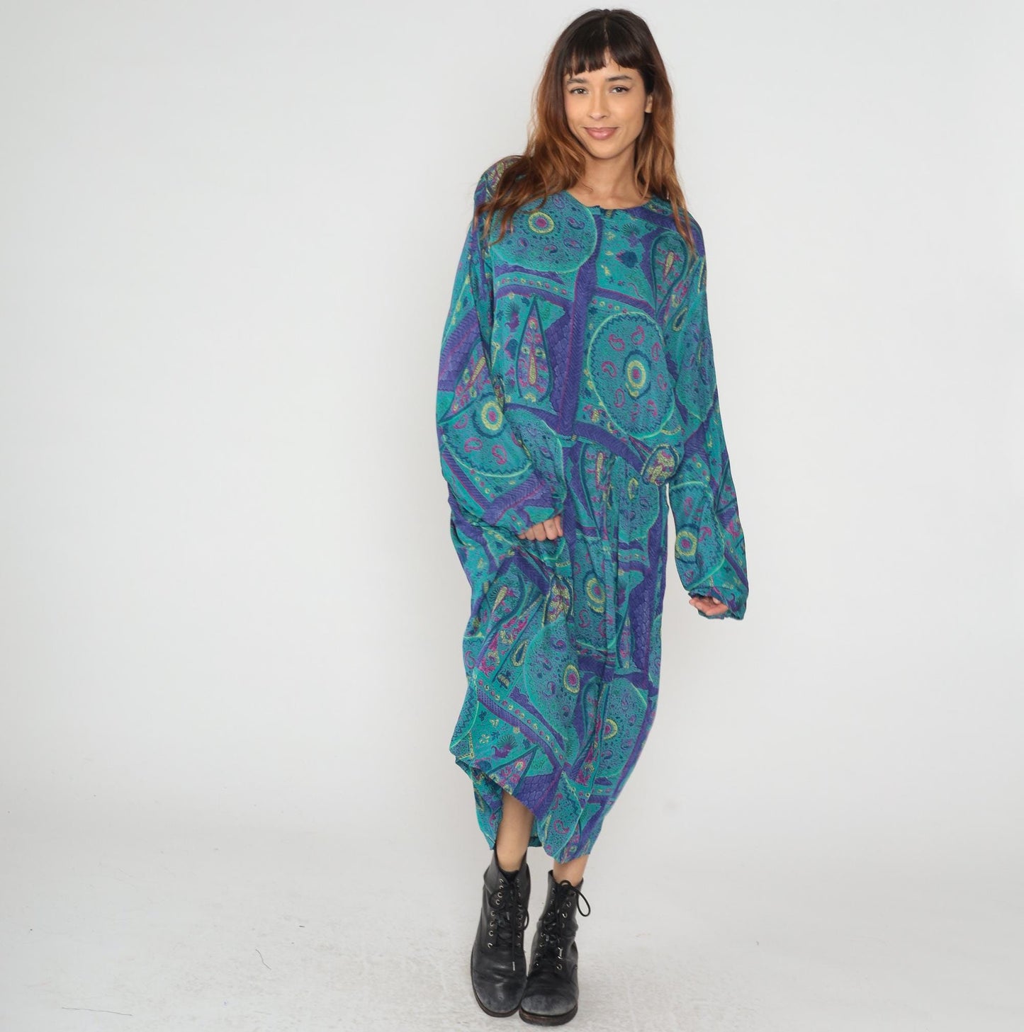 80s Paisley Maxi Dress Turquoise Purple Geometric Print Long Sleeve Extra Large
