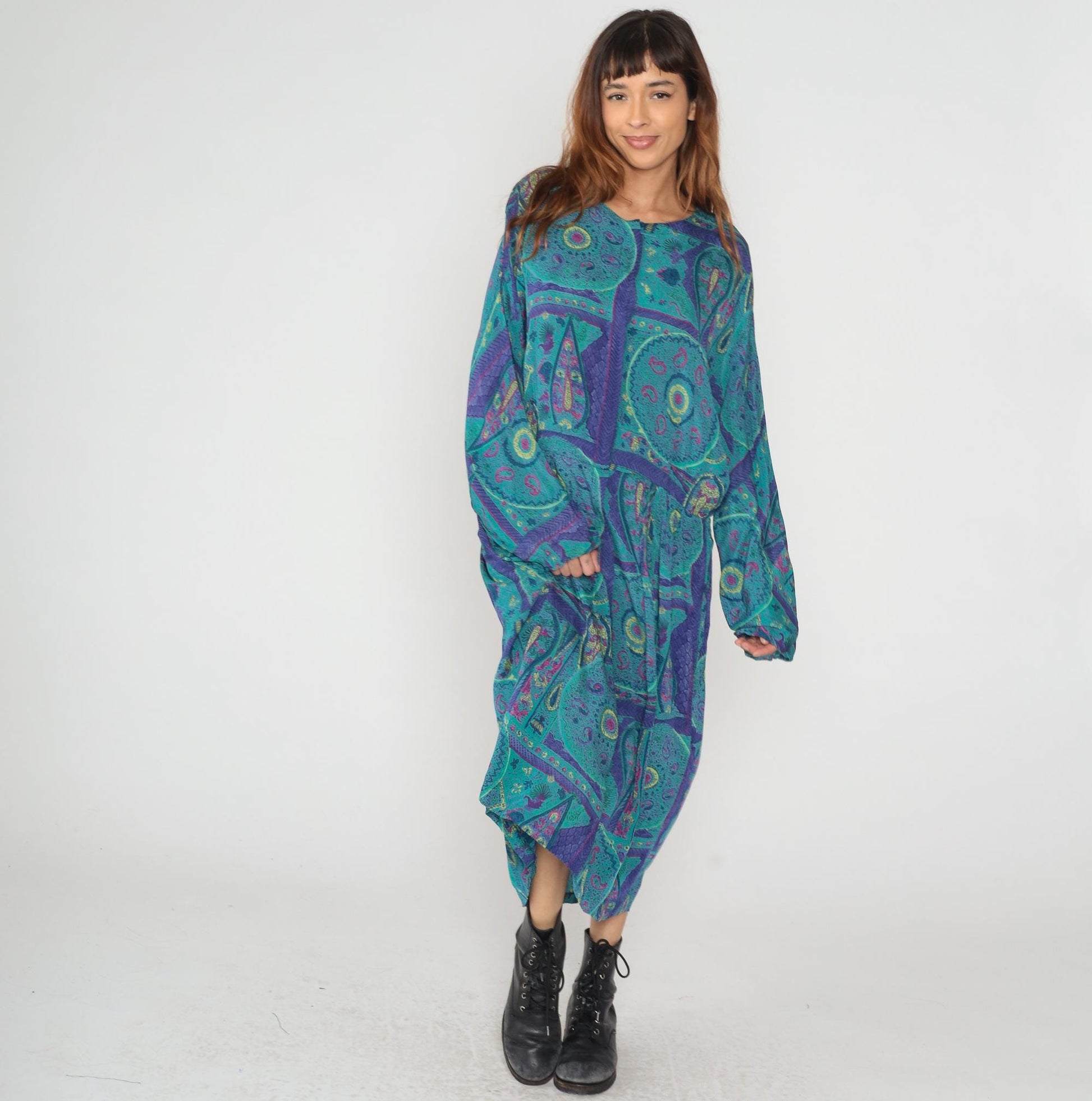 80s Paisley Maxi Dress Turquoise Purple Geometric Print Long Sleeve Extra Large