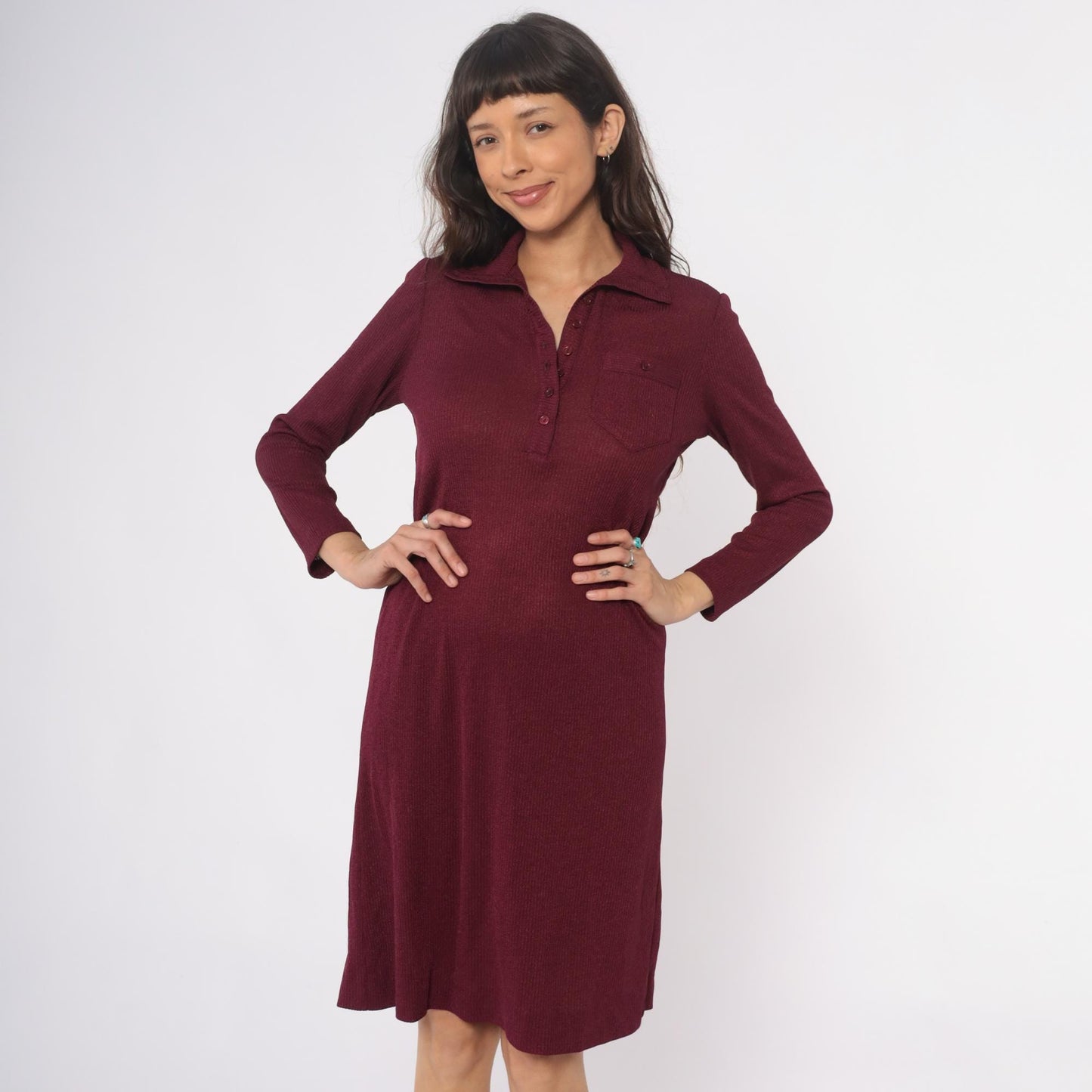 70s Burgundy Ribbed Knit Polo Dress Knee Length Collared Long Sleeve Medium